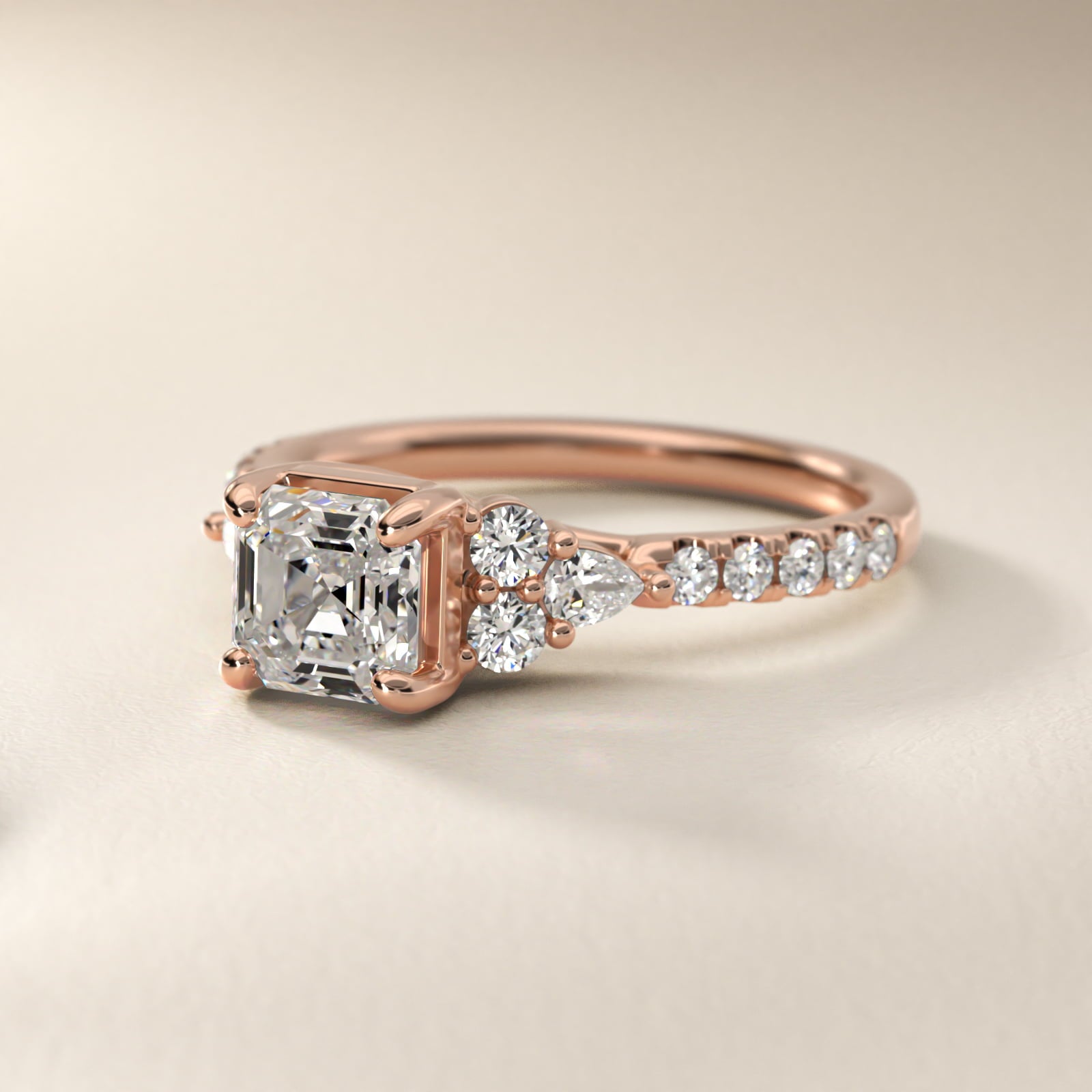 Romantic Round and Pear Cluster Diamond Engagement Ring in 18k Rose Gold (1/3 ct. tw.) - Asscher Center