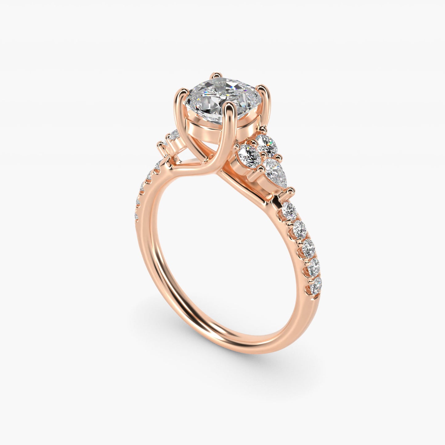 Romantic Round and Pear Cluster Diamond Engagement Ring in 18k Rose Gold (1/3 ct. tw.) - Cushion Center