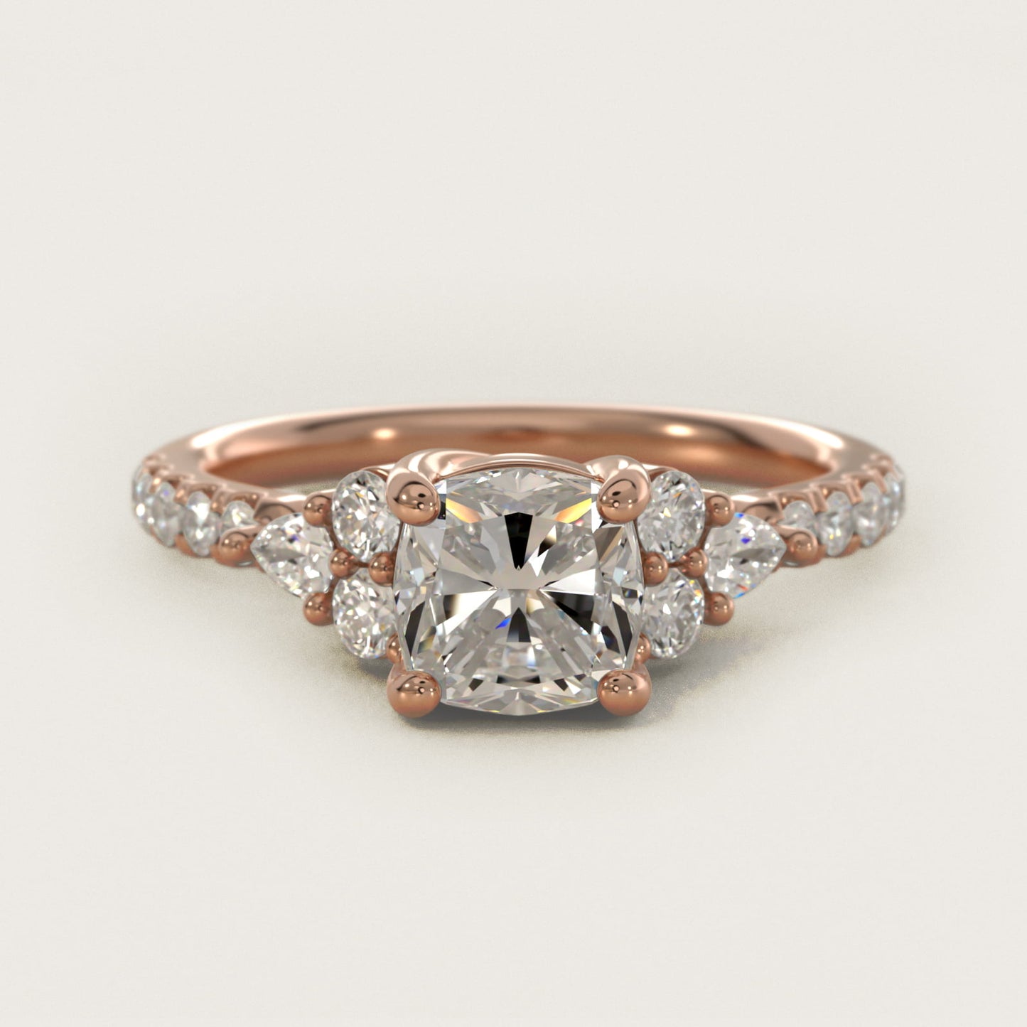 Romantic Round and Pear Cluster Diamond Engagement Ring in 18k Rose Gold (1/3 ct. tw.) - Cushion Center