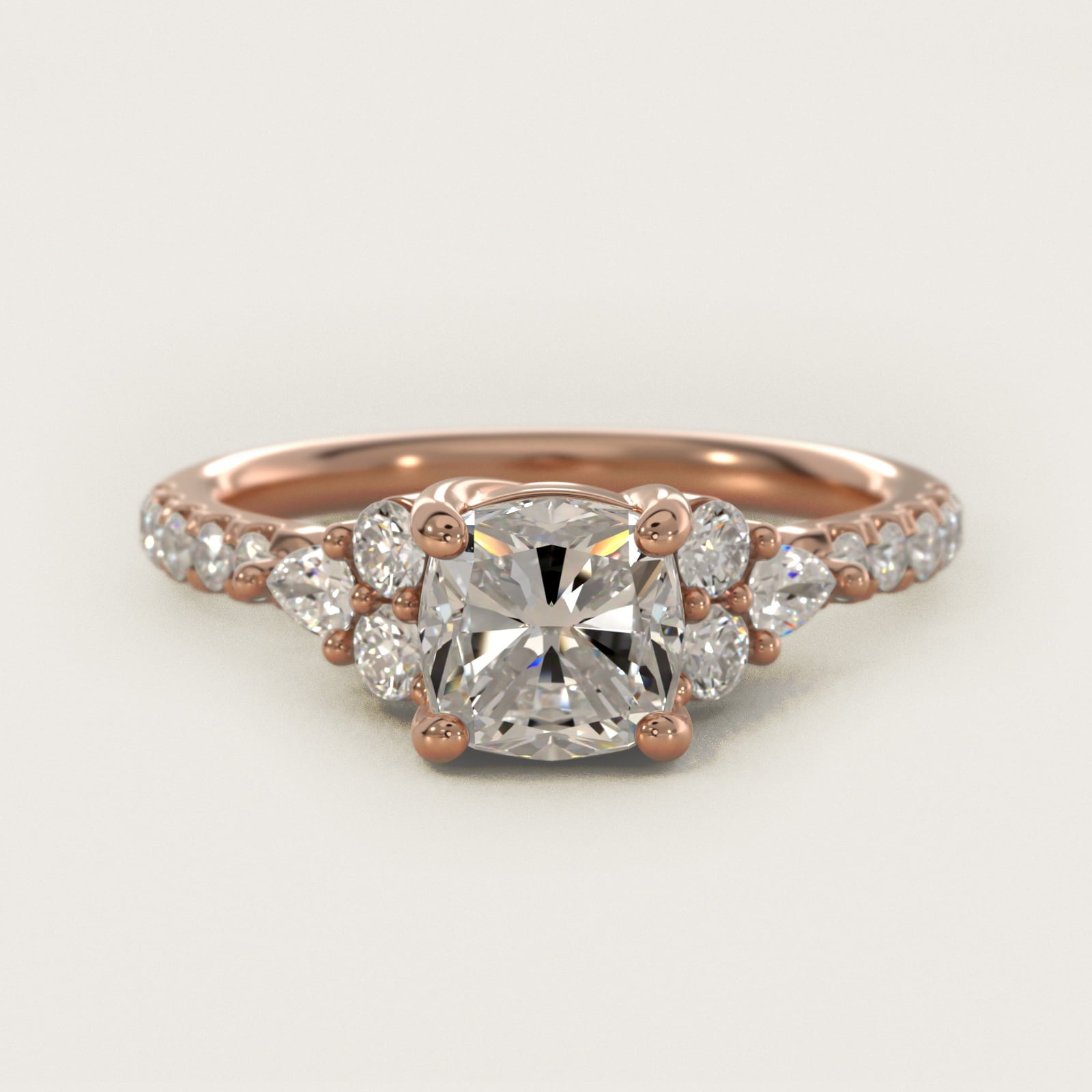 Romantic Round and Pear Cluster Diamond Engagement Ring in 18k Rose Gold (1/3 ct. tw.) - Cushion Center