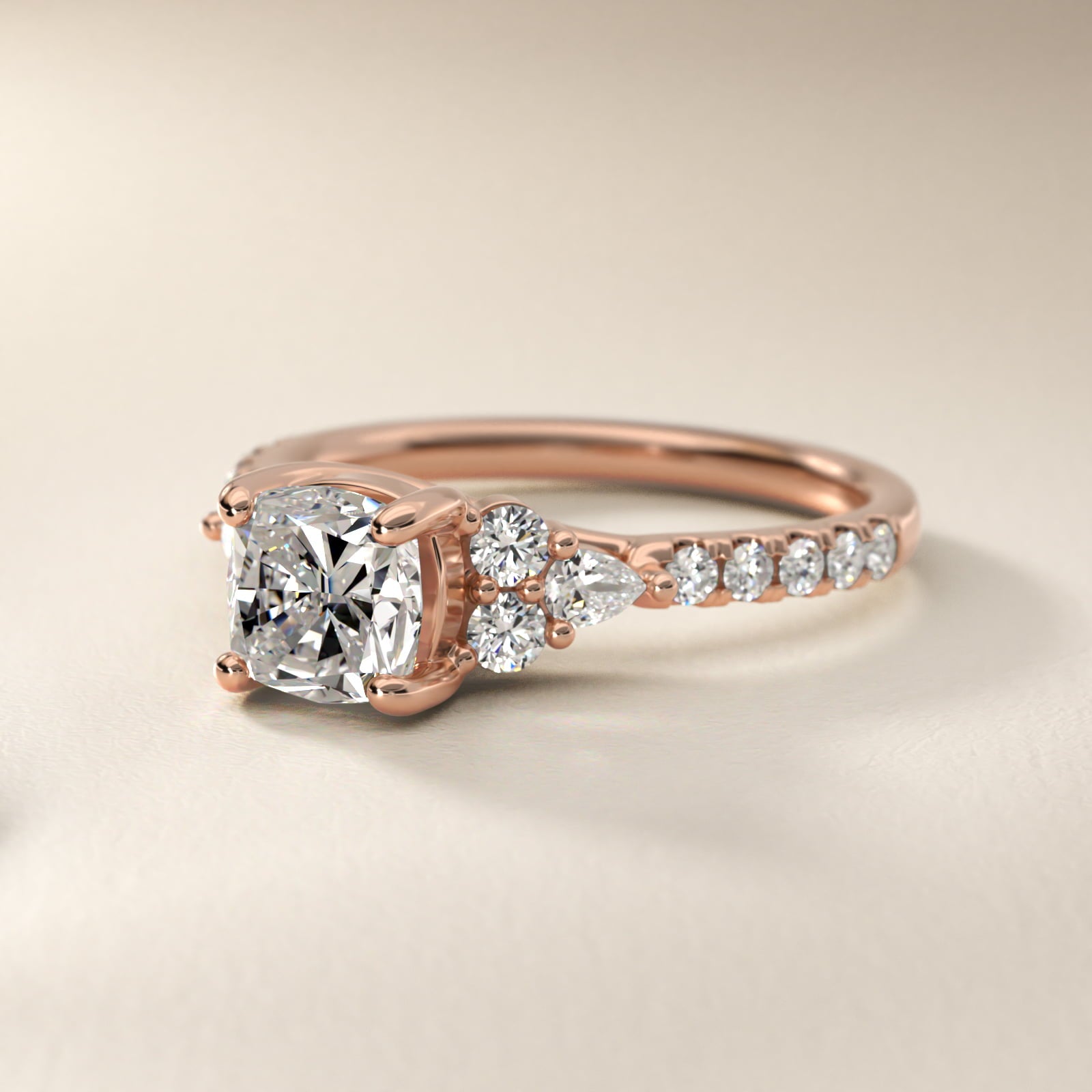 Romantic Round and Pear Cluster Diamond Engagement Ring in 14k Rose Gold (1/3 ct. tw.) - Cushion Center