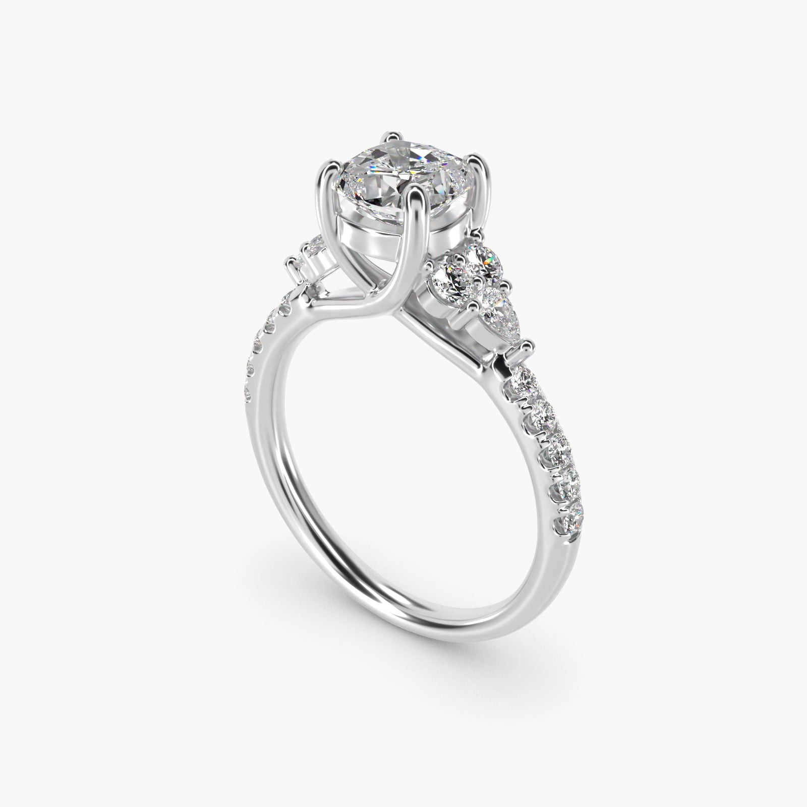 Romantic Round and Pear Cluster Diamond Engagement Ring in 18k White Gold (1/3 ct. tw.) - Cushion Center