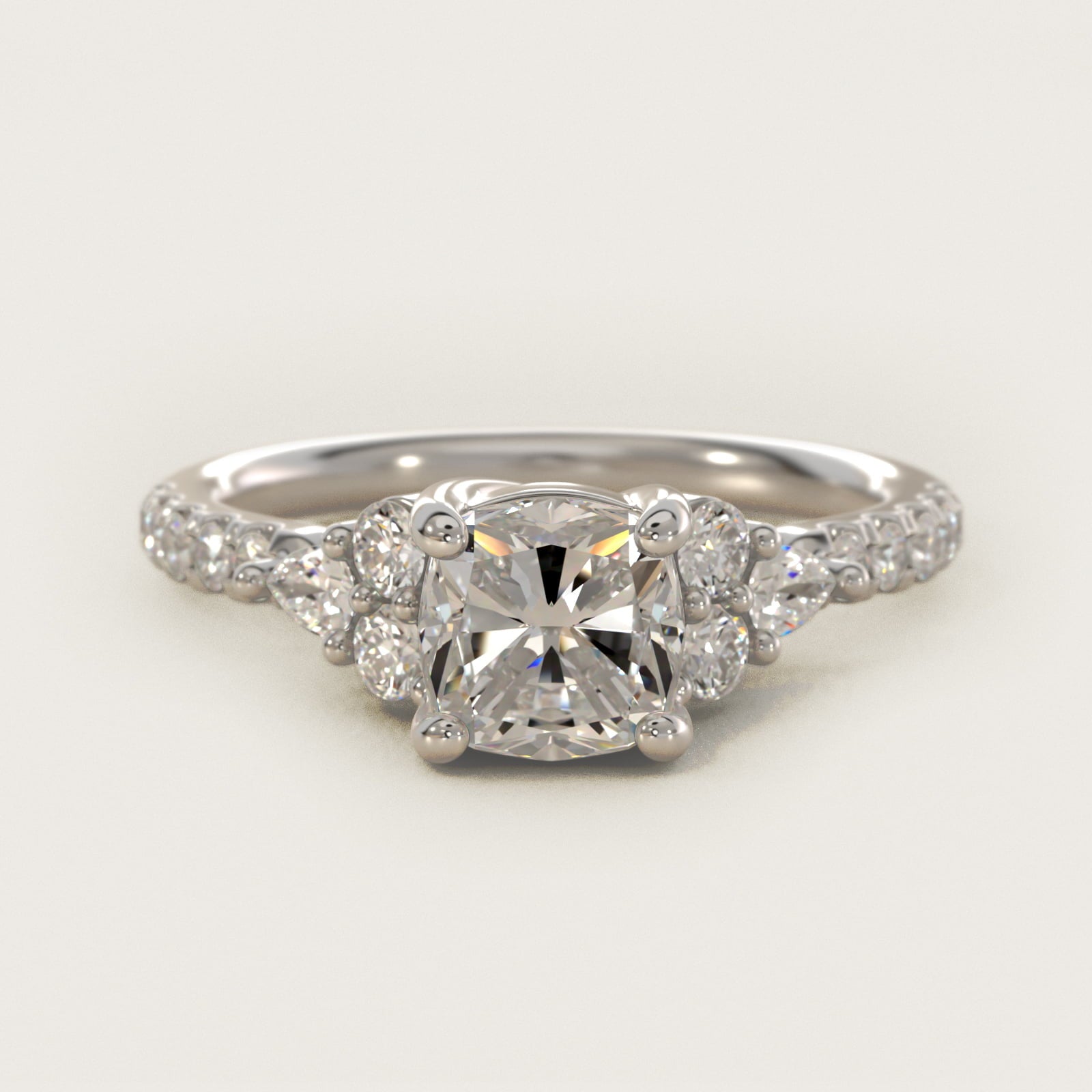 Romantic Round and Pear Cluster Diamond Engagement Ring in 14k White Gold (1/3 ct. tw.) - Cushion Center