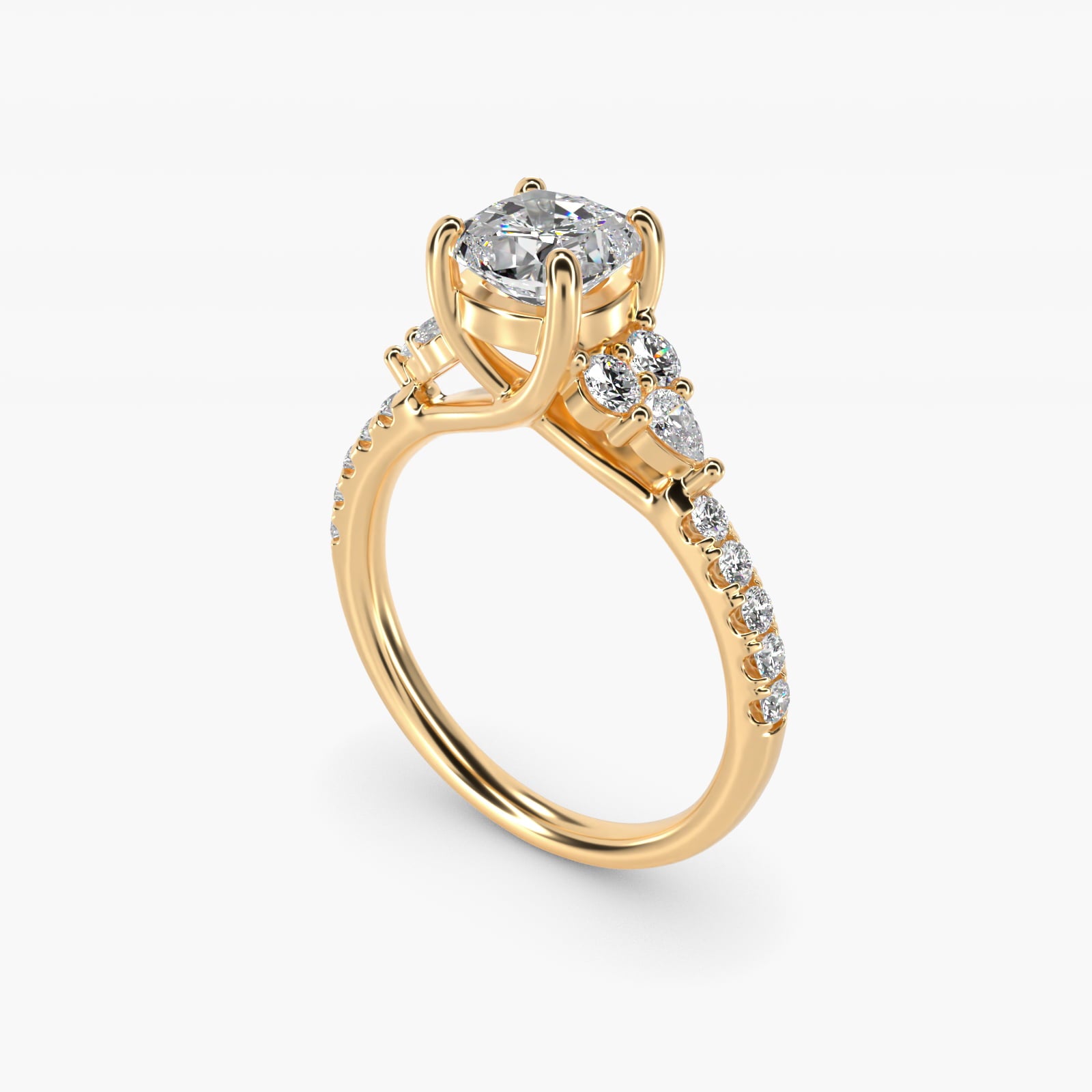 Romantic Round and Pear Cluster Diamond Engagement Ring in 18k Yellow Gold (1/3 ct. tw.) - Cushion Center