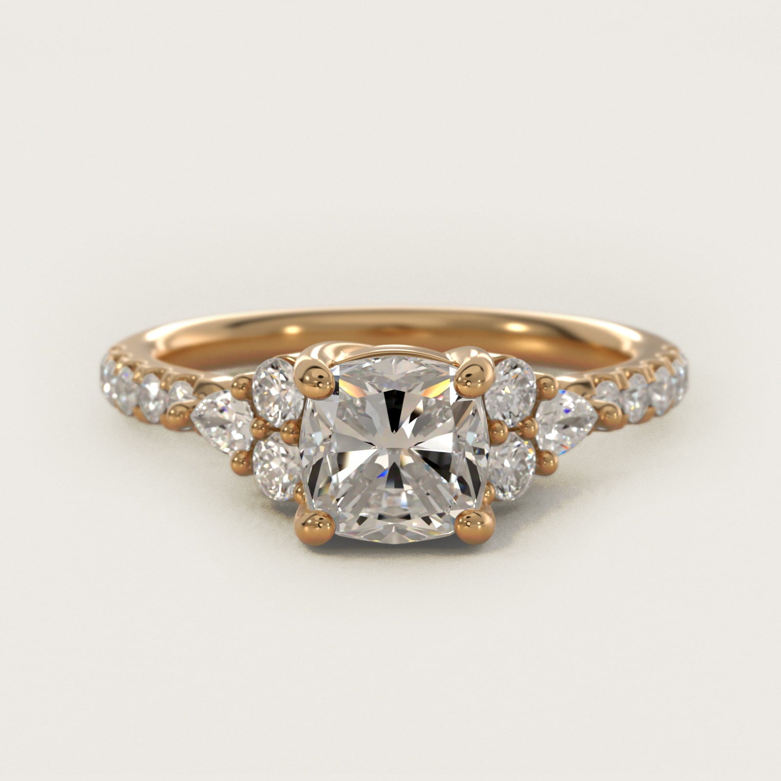 Romantic Round and Pear Cluster Diamond Engagement Ring in 14k Yellow Gold (1/3 ct. tw.) - Cushion Center