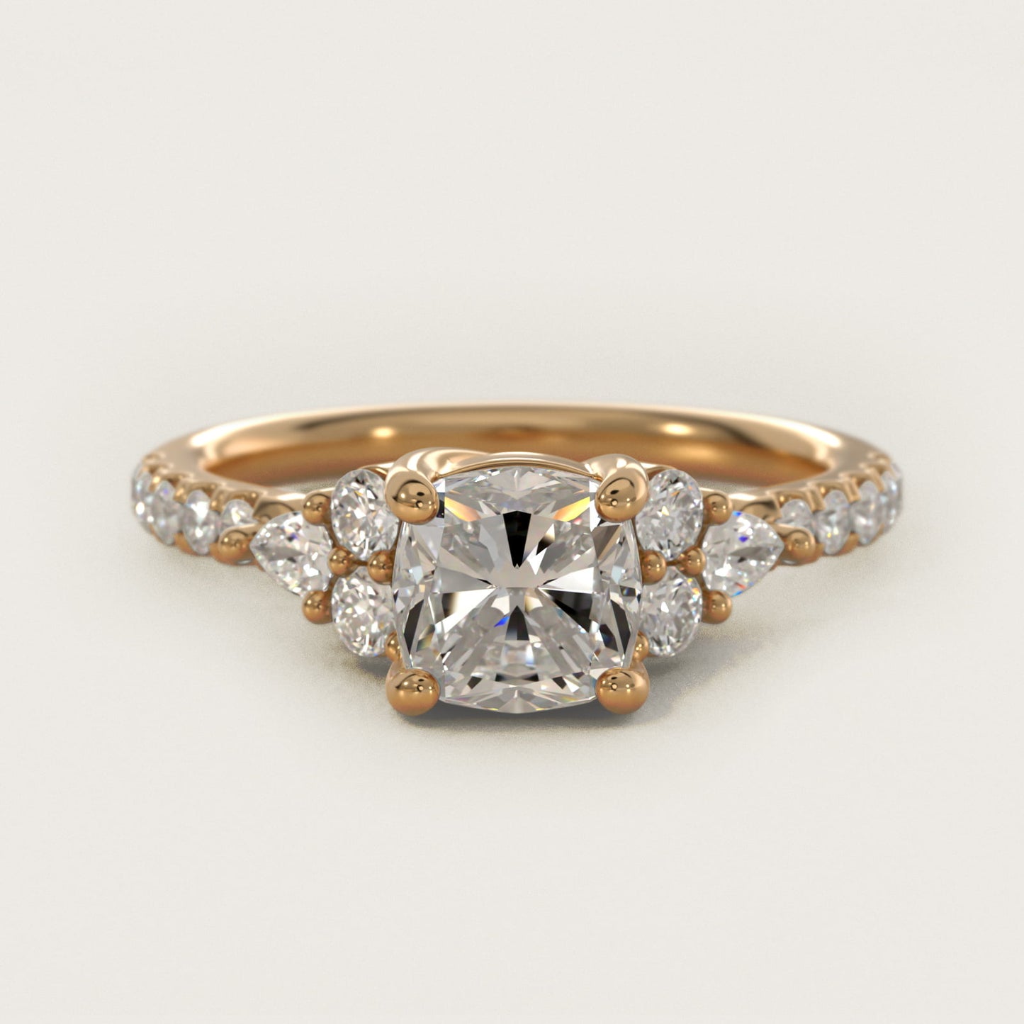 Romantic Round and Pear Cluster Diamond Engagement Ring in 18k Yellow Gold (1/3 ct. tw.) - Cushion Center