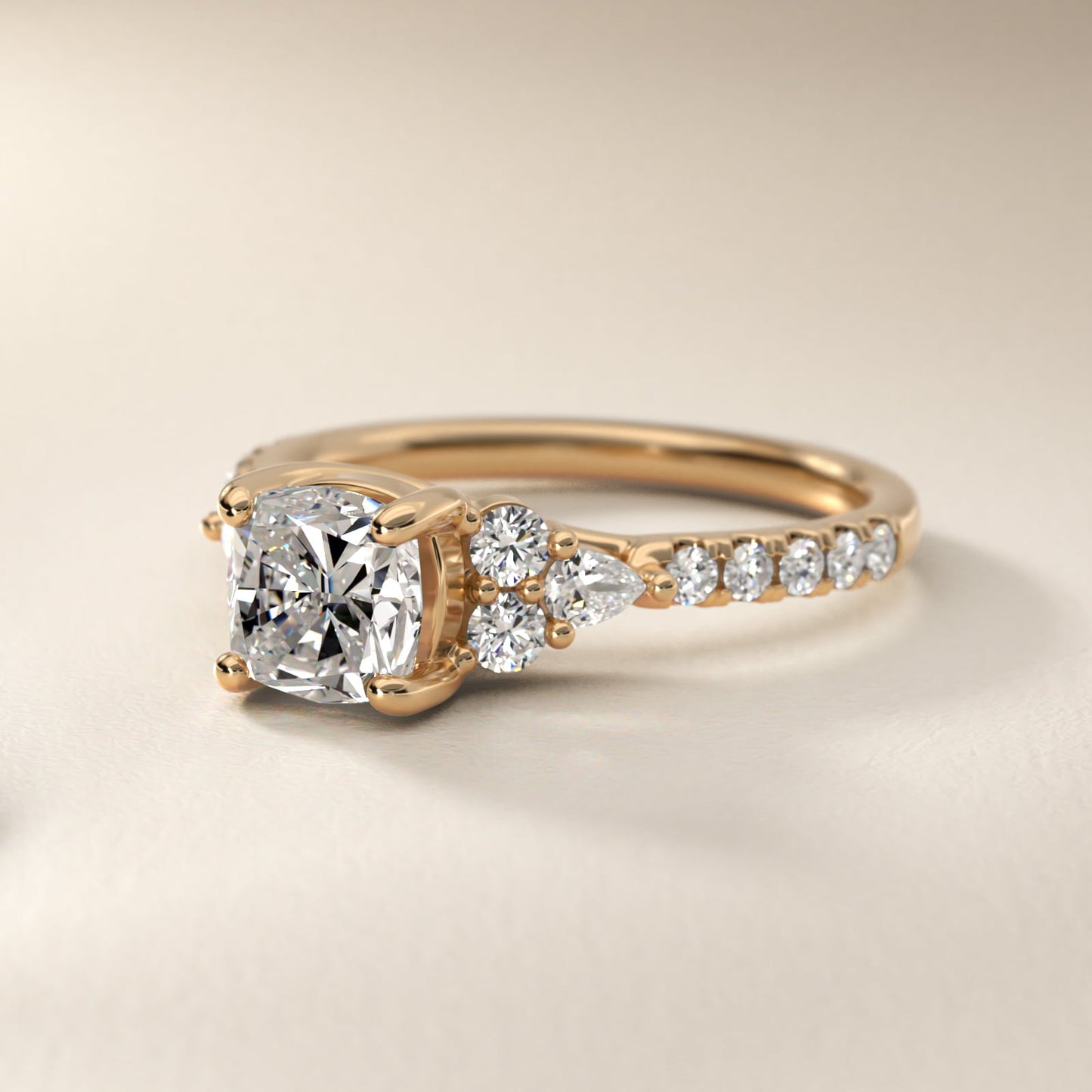 Romantic Round and Pear Cluster Diamond Engagement Ring in 18k Yellow Gold (1/3 ct. tw.) - Cushion Center