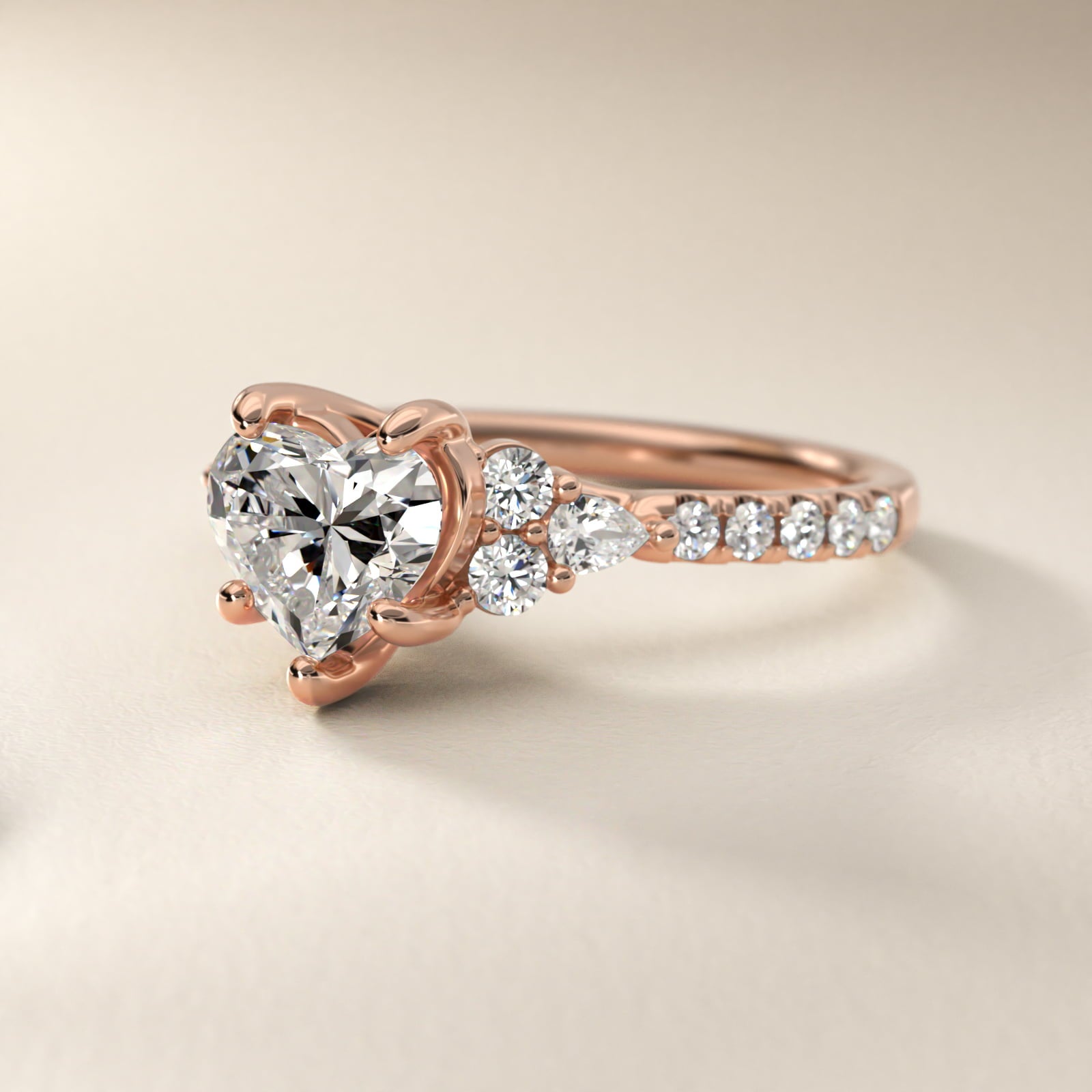 Romantic Round and Pear Cluster Diamond Engagement Ring in 14k Rose Gold (1/3 ct. tw.) - Heart Center