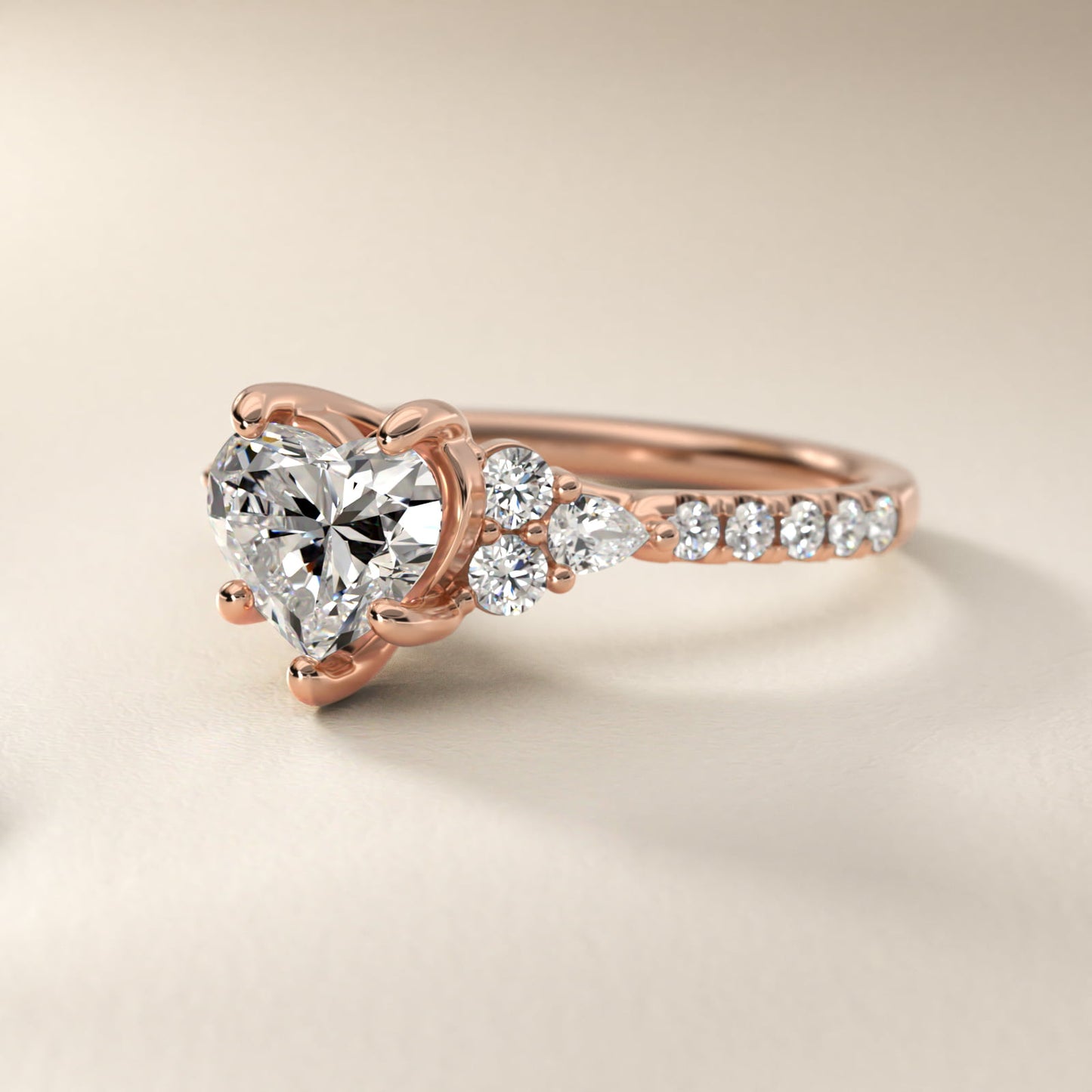 Romantic Round and Pear Cluster Diamond Engagement Ring in 18k Rose Gold (1/3 ct. tw.) - Heart Center