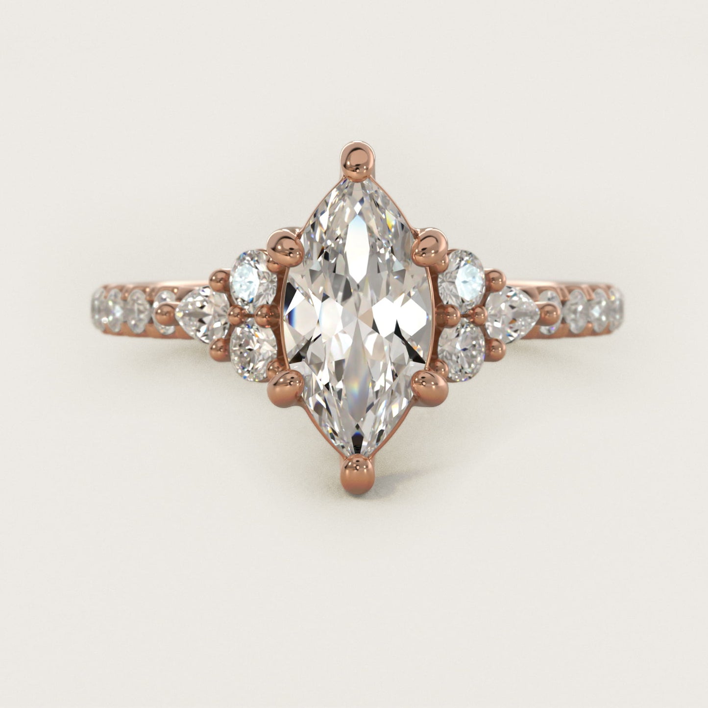 Romantic Round and Pear Cluster Diamond Engagement Ring in 14k Rose Gold (1/3 ct. tw.) - Marquise Center