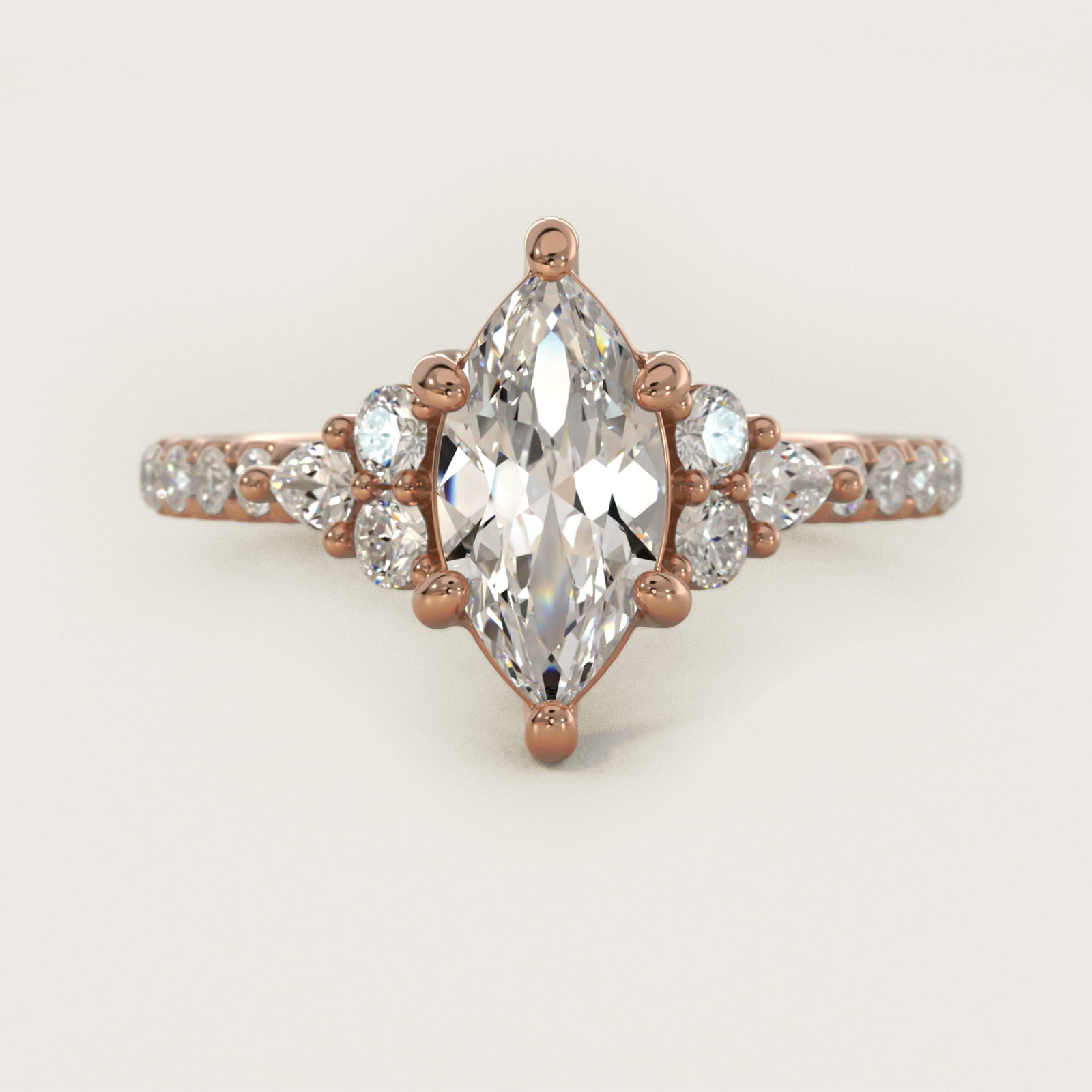 Romantic Round and Pear Cluster Diamond Engagement Ring in 18k Rose Gold (1/3 ct. tw.) - Marquise Center
