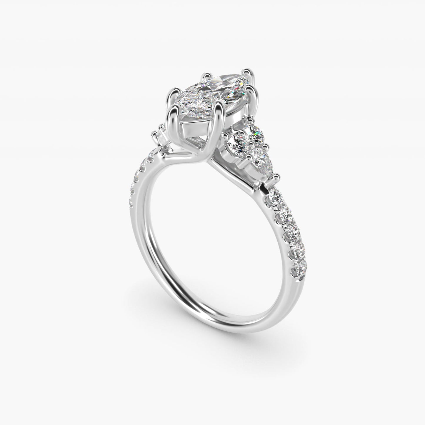 Romantic Round and Pear Cluster Diamond Engagement Ring in 18k White Gold (1/3 ct. tw.) - Marquise Center