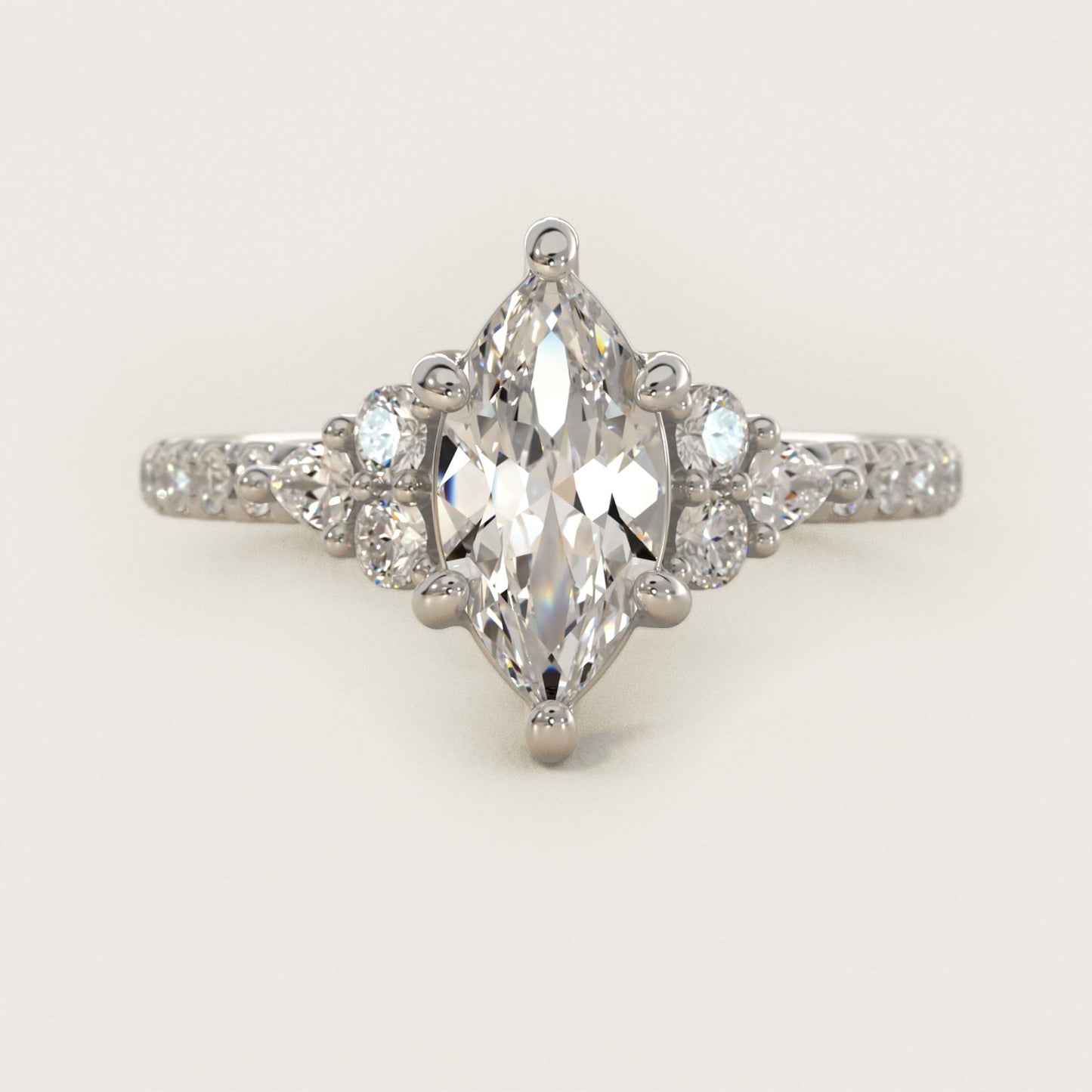 Romantic Round and Pear Cluster Diamond Engagement Ring in 14k White Gold (1/3 ct. tw.) - Marquise Center