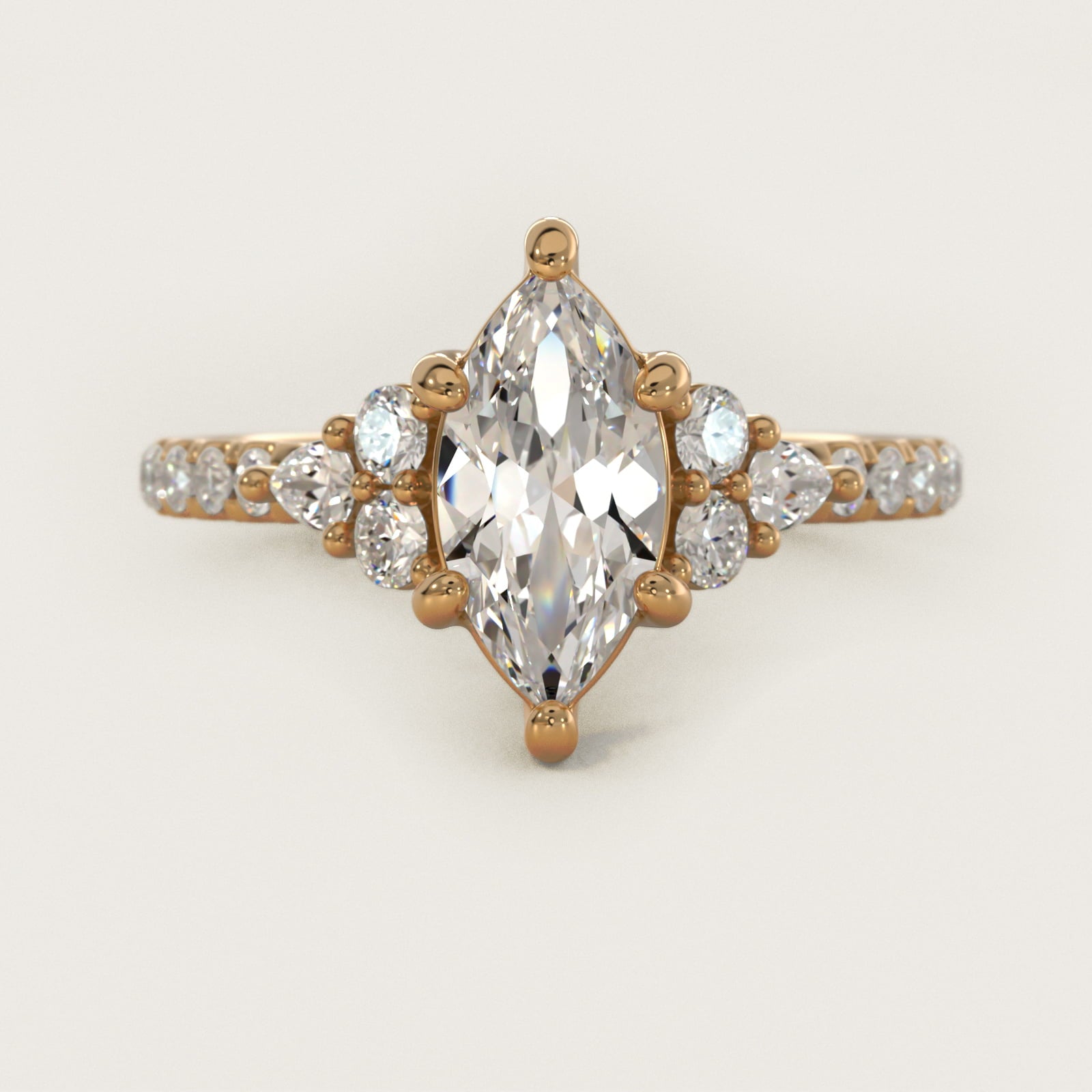 Romantic Round and Pear Cluster Diamond Engagement Ring in 18k Yellow Gold (1/3 ct. tw.) - Marquise Center