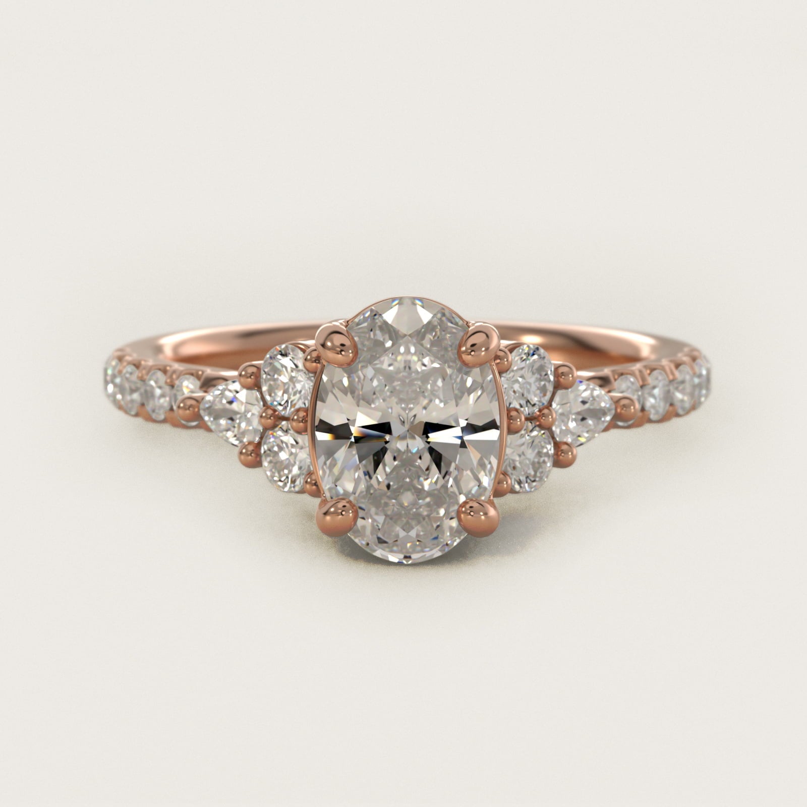 Romantic Round and Pear Cluster Diamond Engagement Ring in 14k Rose Gold (1/3 ct. tw.) - Oval Center