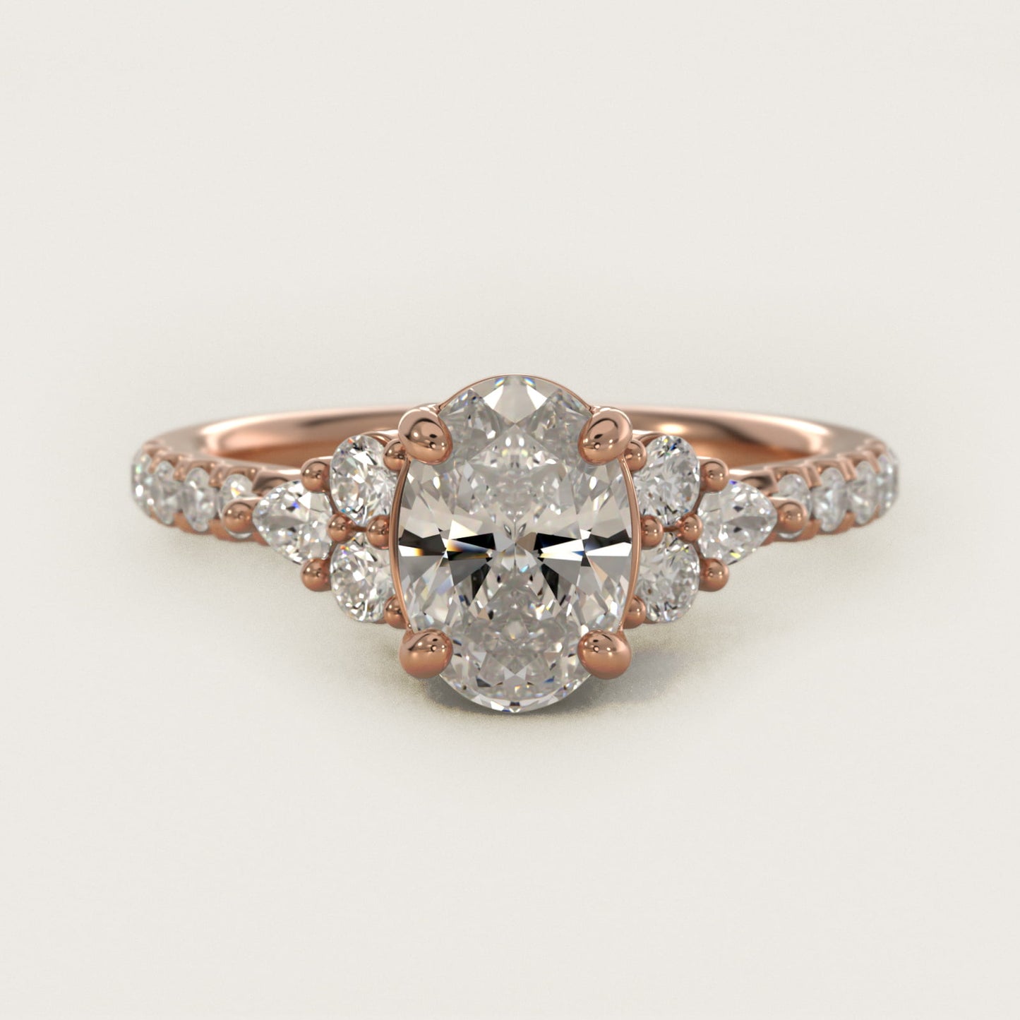 Romantic Round and Pear Cluster Diamond Engagement Ring in 18k Rose Gold (1/3 ct. tw.) - Oval Center