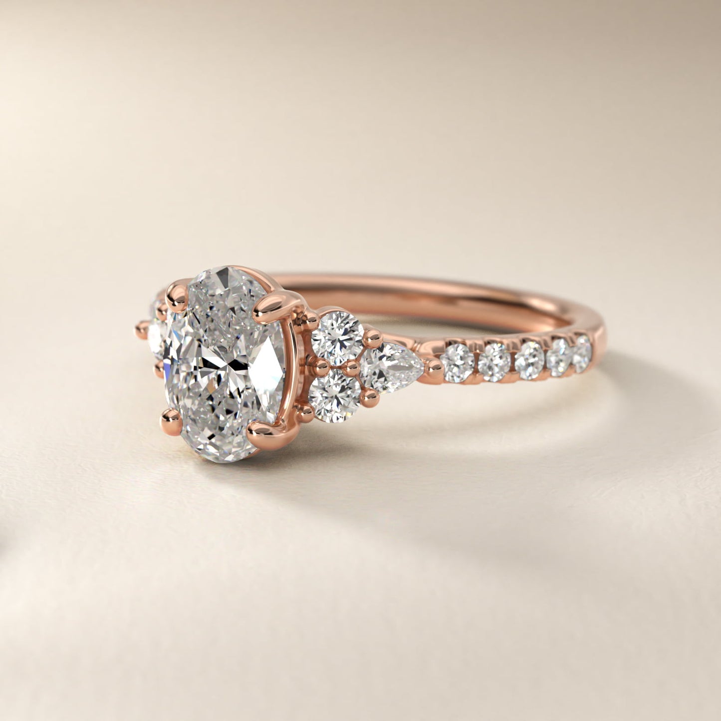 Romantic Round and Pear Cluster Diamond Engagement Ring in 18k Rose Gold (1/3 ct. tw.) - Oval Center