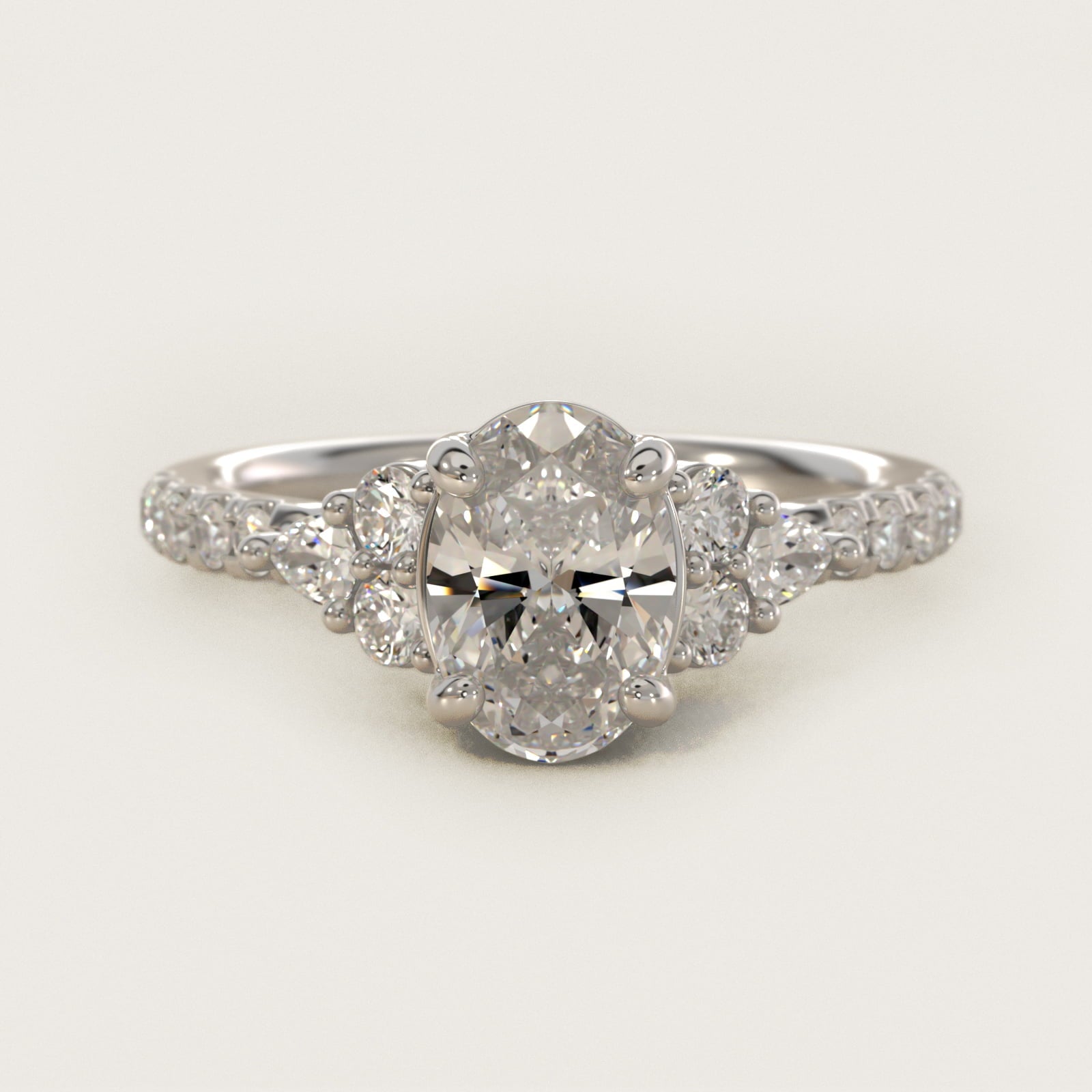 Romantic Round and Pear Cluster Diamond Engagement Ring in 14k White Gold (1/3 ct. tw.) - Oval Center