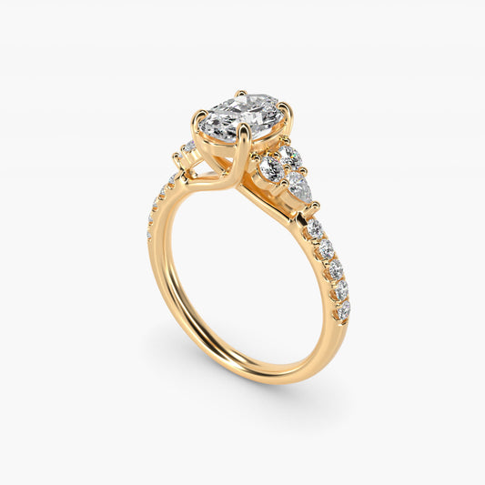 Romantic Round and Pear Cluster Diamond Engagement Ring in 14k Yellow Gold (1/3 ct. tw.) - Oval Center