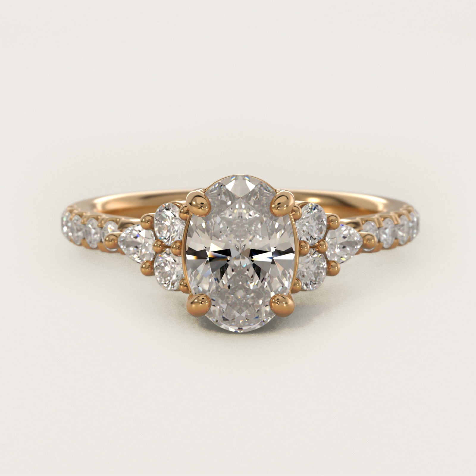 Romantic Round and Pear Cluster Diamond Engagement Ring in 14k Yellow Gold (1/3 ct. tw.) - Oval Center