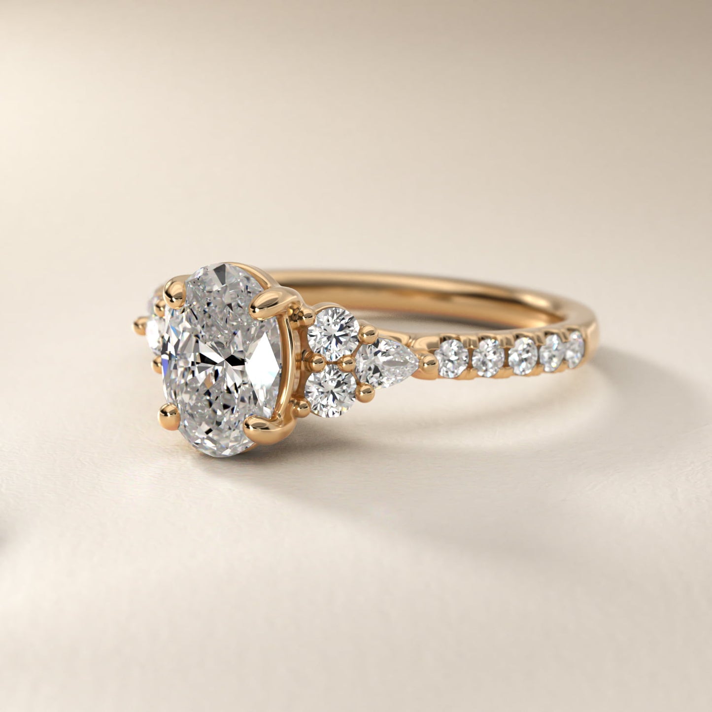 Romantic Round and Pear Cluster Diamond Engagement Ring in 14k Yellow Gold (1/3 ct. tw.) - Oval Center