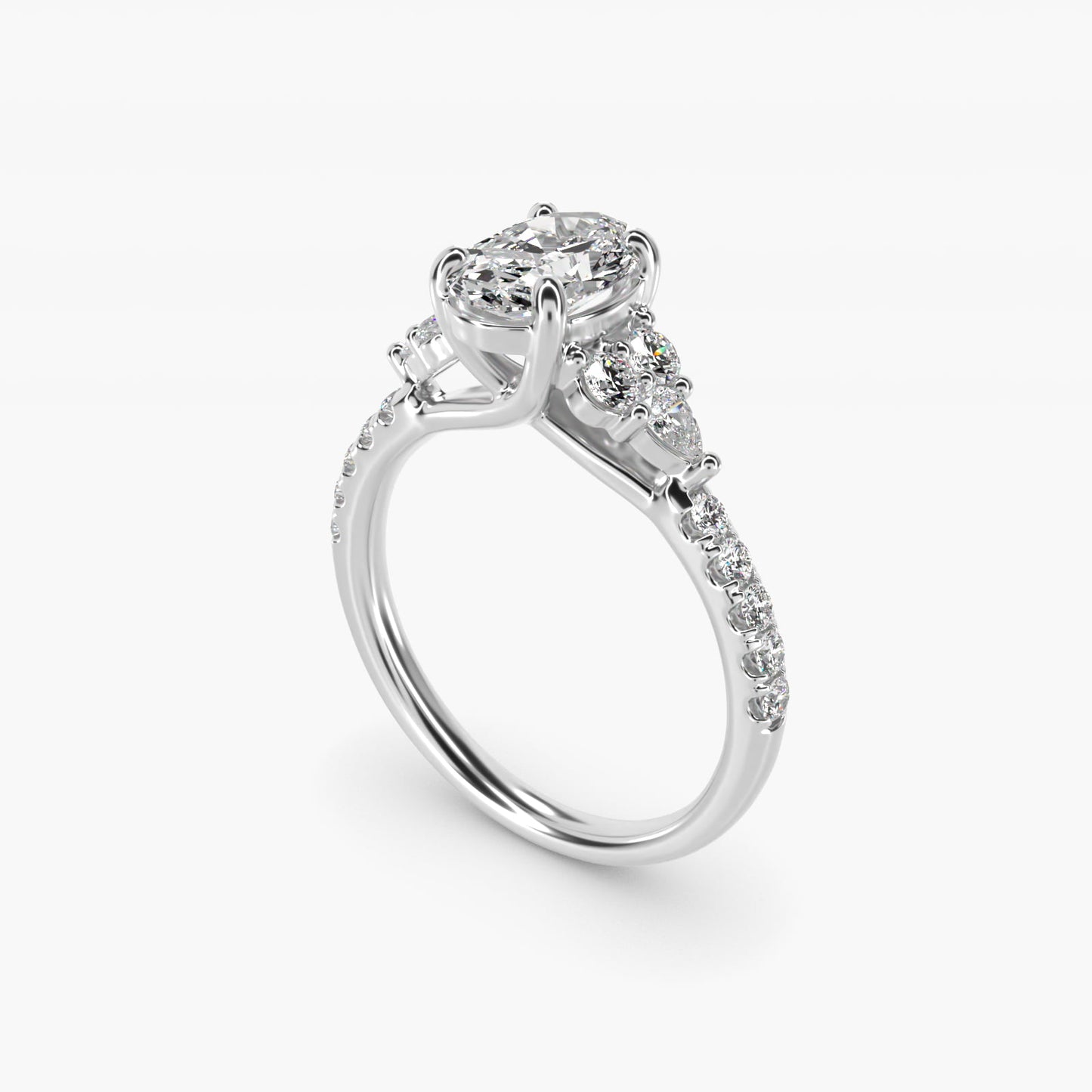 Romantic Round and Pear Cluster Diamond Engagement Ring in Platinum (1/3 ct. tw.) - Oval Center