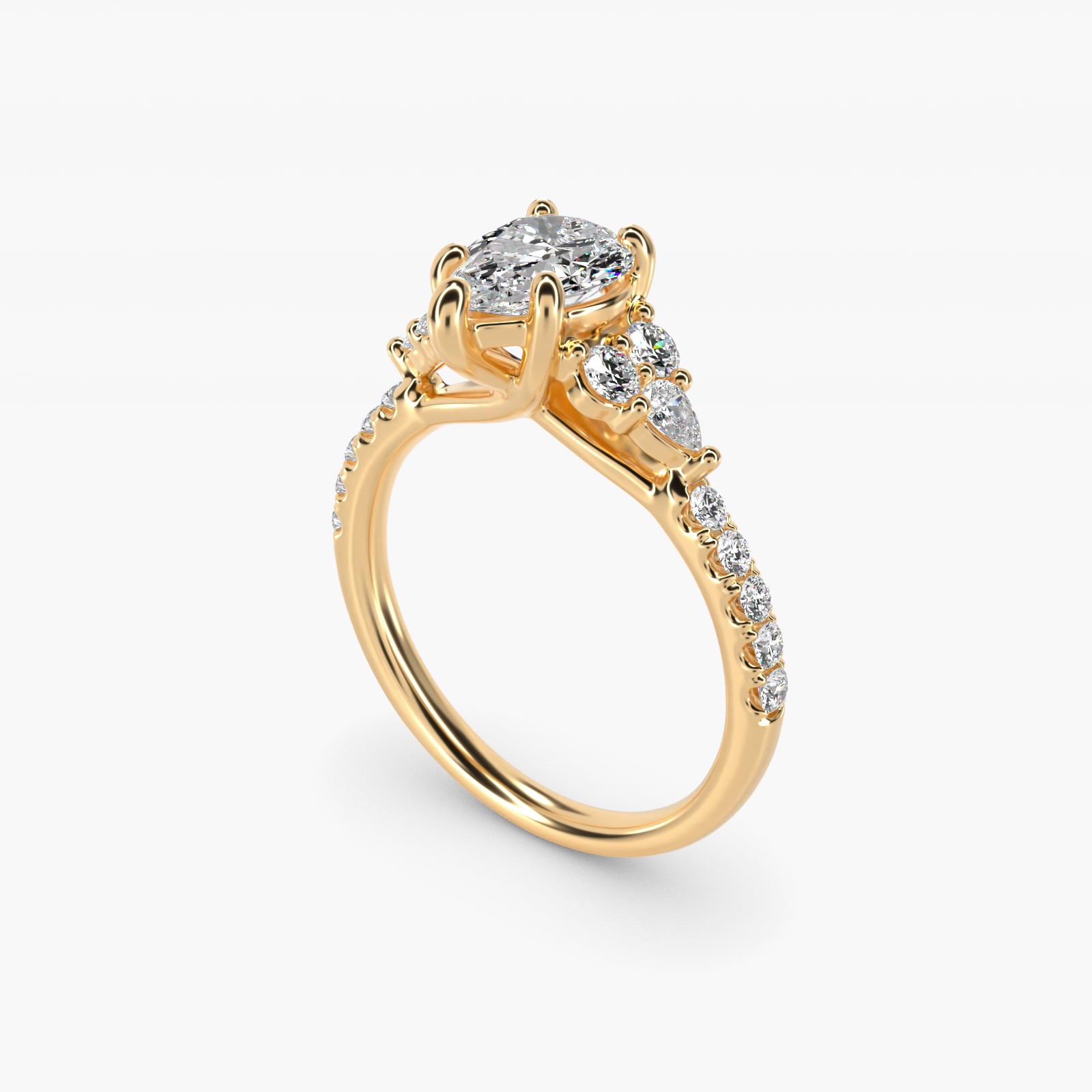 Romantic Round and Pear Cluster Diamond Engagement Ring in 18k Yellow Gold (1/3 ct. tw.) - Pear Center