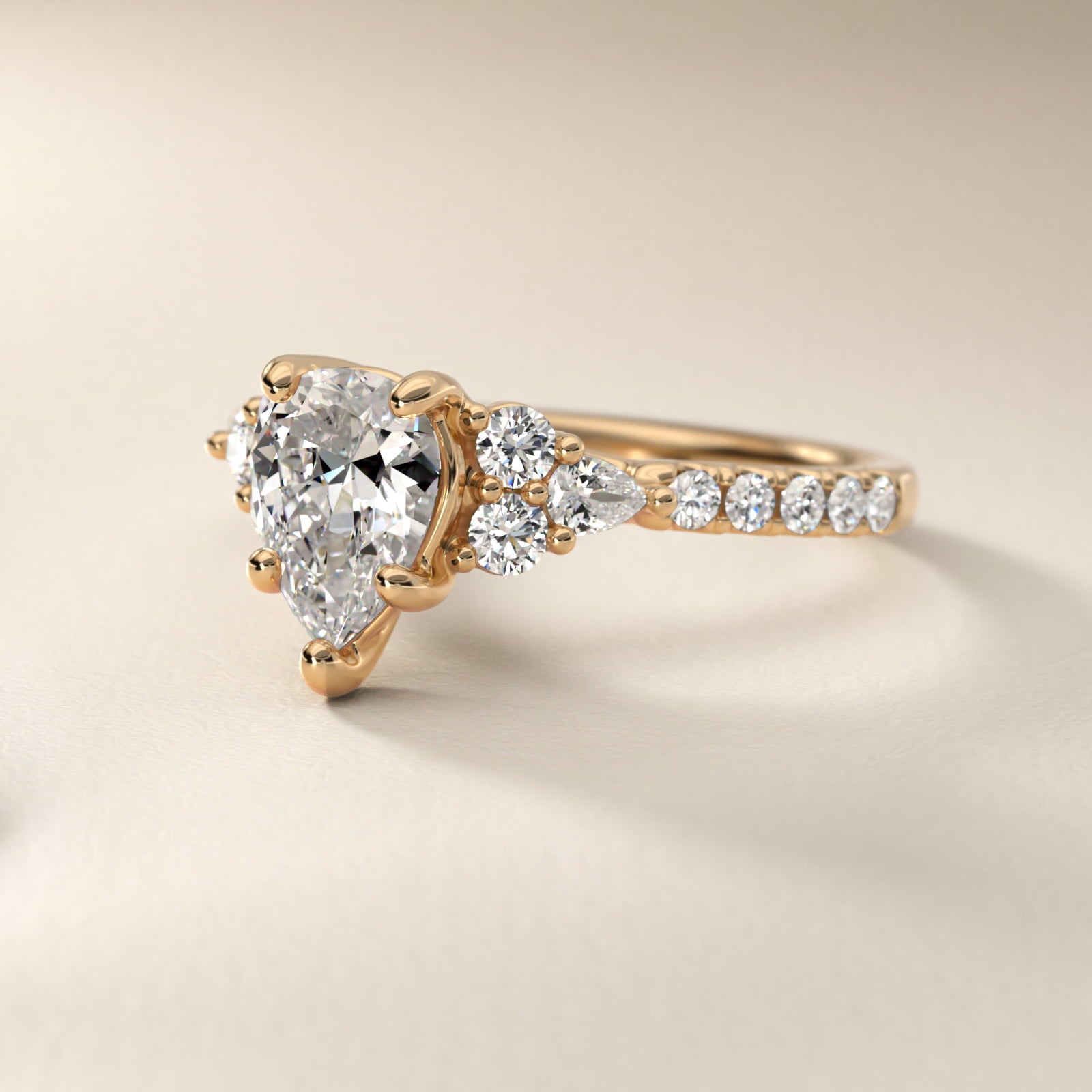 Romantic Round and Pear Cluster Diamond Engagement Ring in 14k Yellow Gold (1/3 ct. tw.) - Pear Center