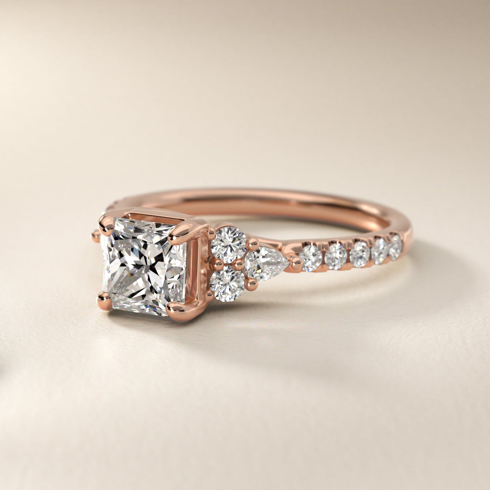 Romantic Round and Pear Cluster Diamond Engagement Ring in 14k Rose Gold (1/3 ct. tw.) - Princess Center