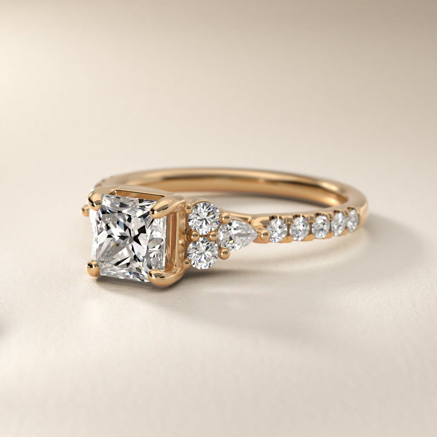 Romantic Round and Pear Cluster Diamond Engagement Ring in 14k Yellow Gold (1/3 ct. tw.) - Princess Center