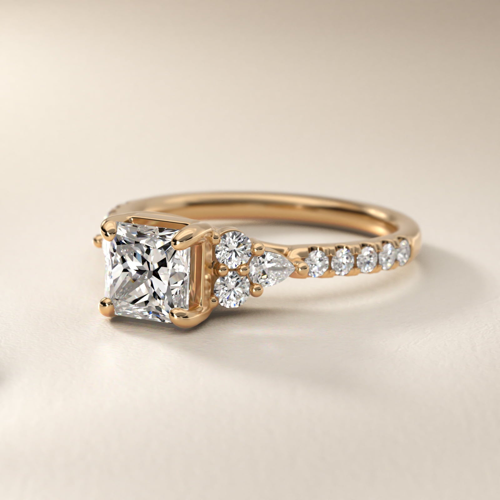 Romantic Round and Pear Cluster Diamond Engagement Ring in 18k Yellow Gold (1/3 ct. tw.) - Princess Center