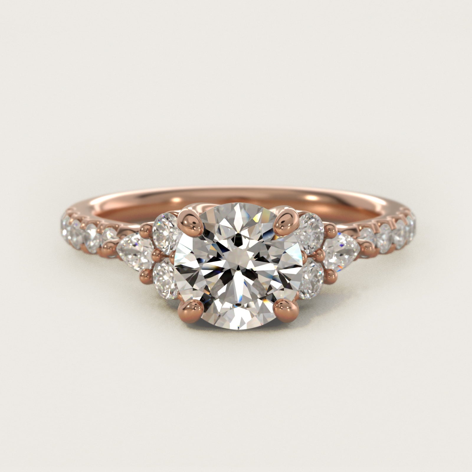 Romantic Round and Pear Cluster Diamond Engagement Ring in 18k Rose Gold (1/3 ct. tw.) - Round Center