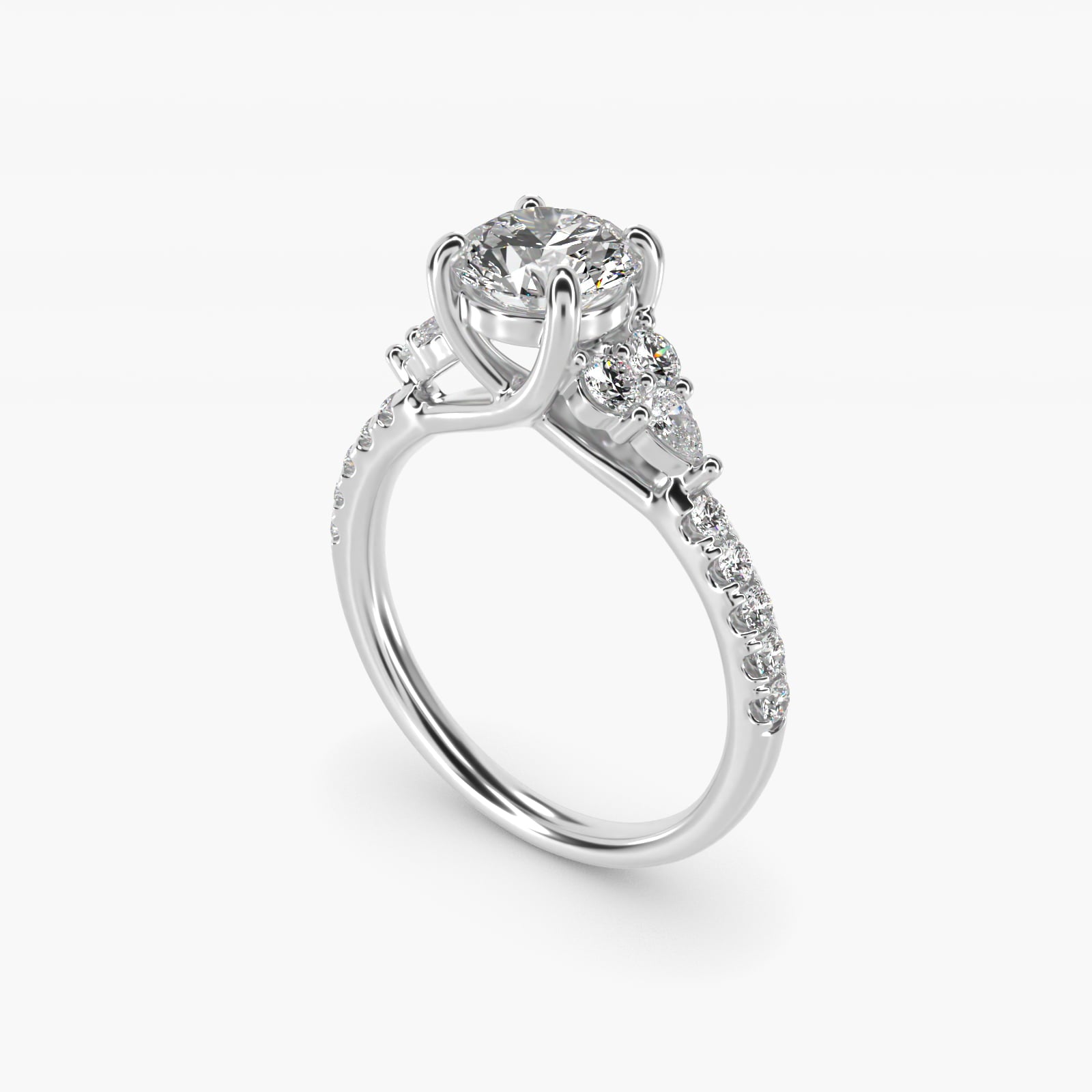 Romantic Round and Pear Cluster Diamond Engagement Ring in 18k White Gold (1/3 ct. tw.) - Round Center