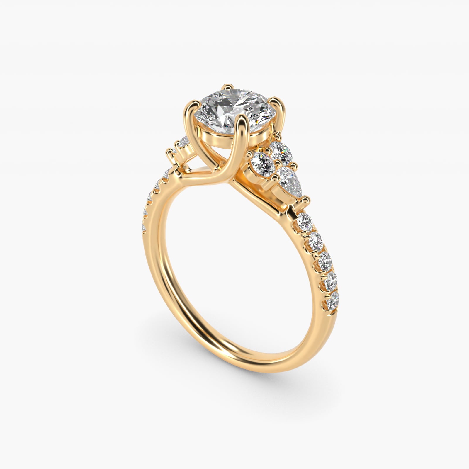 Romantic Round and Pear Cluster Diamond Engagement Ring in 18k Yellow Gold (1/3 ct. tw.) - Round Center