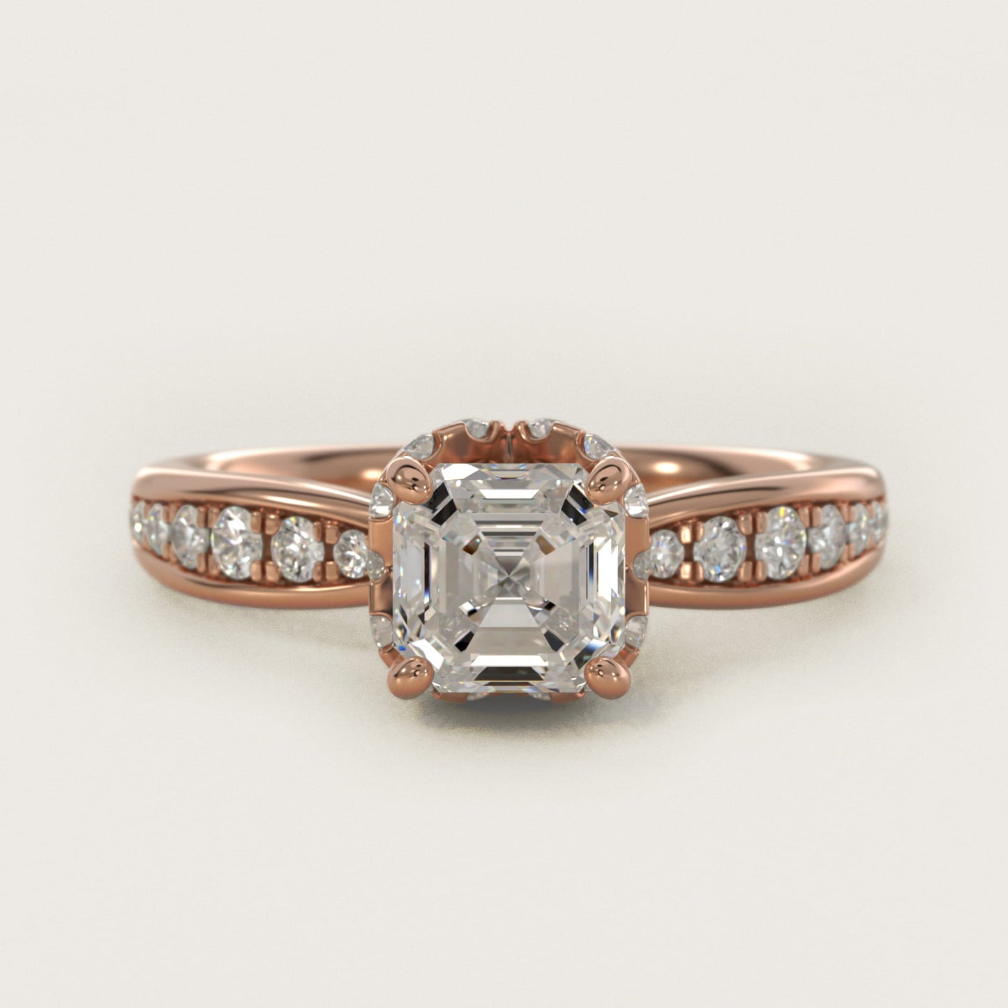 Romantic Six Prong Hidden Halo Diamond Engagement Ring in 14k Rose Gold (1/5 ct. tw.) - Asscher Center