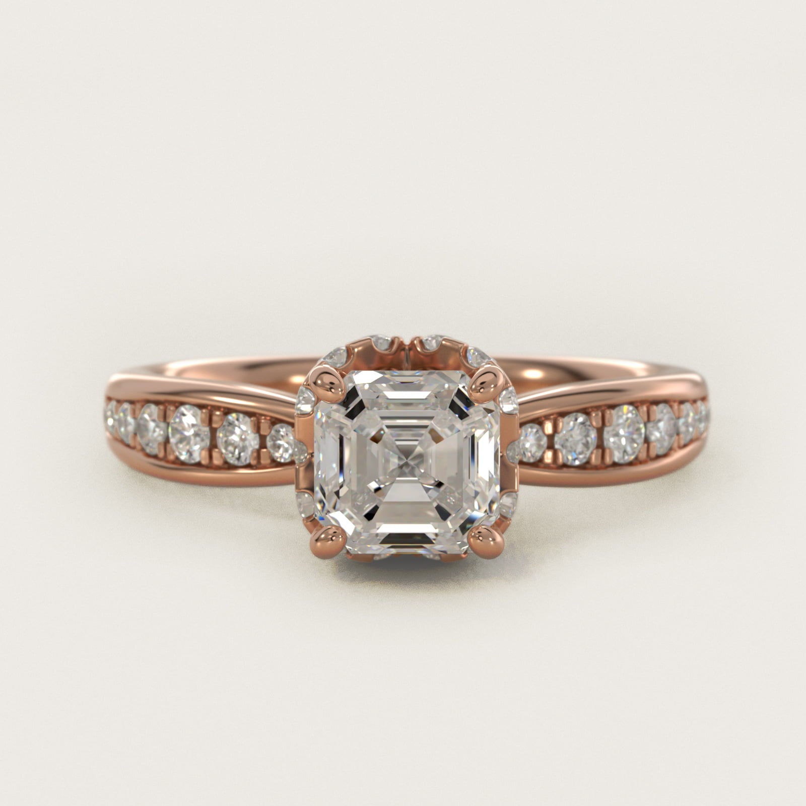 Romantic Six Prong Hidden Halo Diamond Engagement Ring in 18k Rose Gold (1/5 ct. tw.) - Asscher Center
