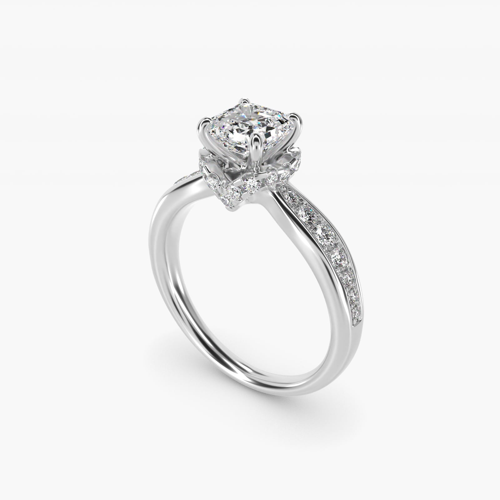 Romantic Six Prong Hidden Halo Diamond Engagement Ring in 18k White Gold (1/5 ct. tw.) - Asscher Center
