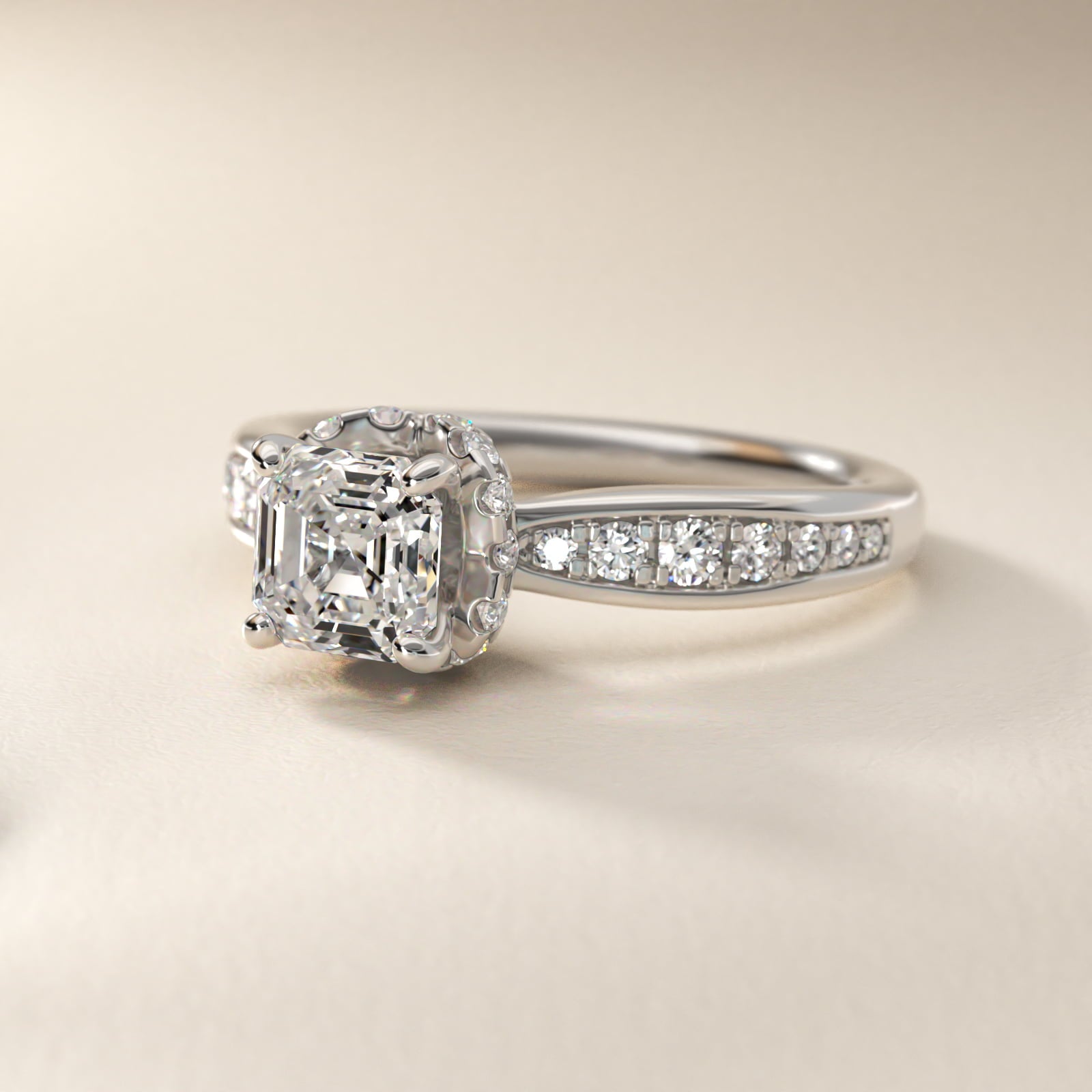 Romantic Six Prong Hidden Halo Diamond Engagement Ring in 14k White Gold (1/5 ct. tw.) - Asscher Center