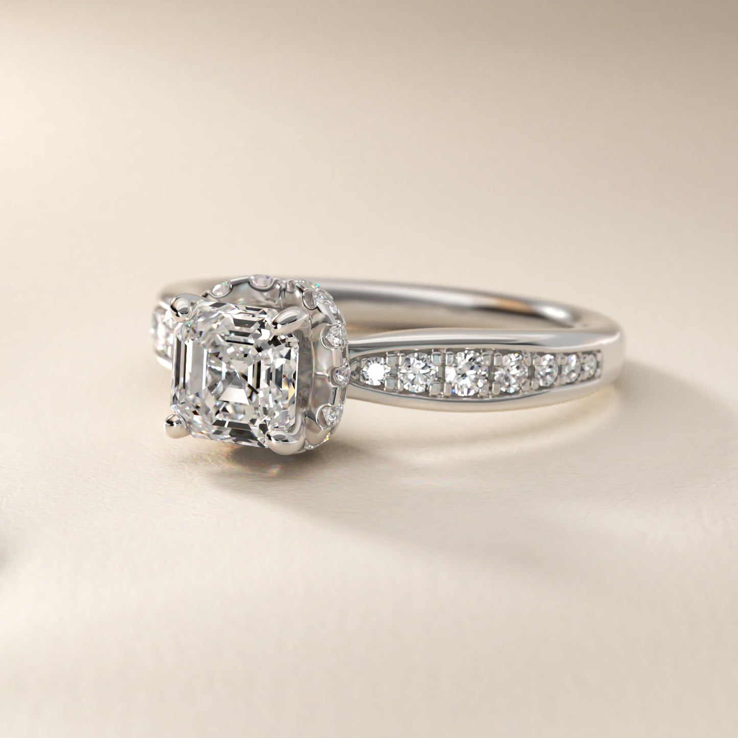 Romantic Six Prong Hidden Halo Diamond Engagement Ring in 18k White Gold (1/5 ct. tw.) - Asscher Center