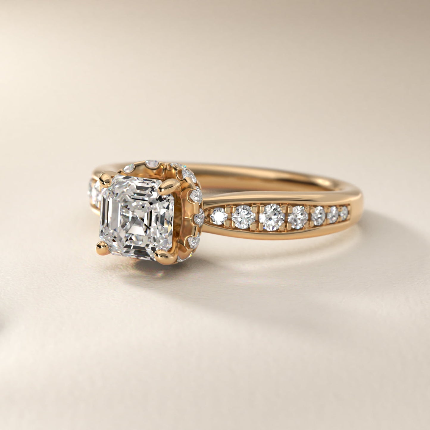 Romantic Six Prong Hidden Halo Diamond Engagement Ring in 14k Yellow Gold (1/5 ct. tw.) - Asscher Center