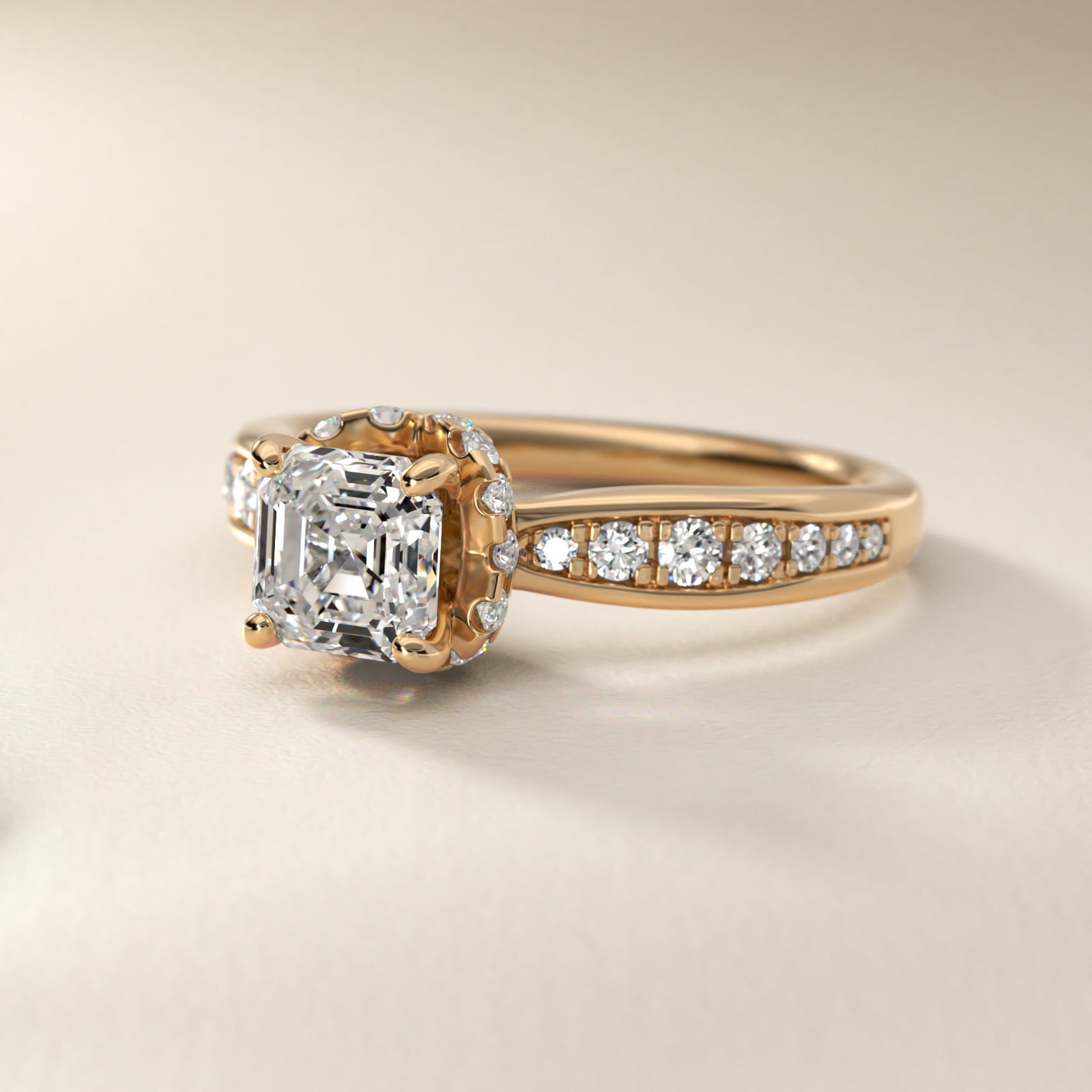 Romantic Six Prong Hidden Halo Diamond Engagement Ring in 18k Yellow Gold (1/5 ct. tw.) - Asscher Center