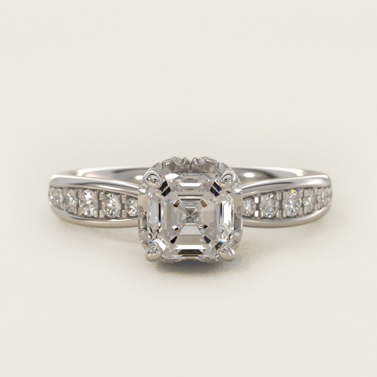 Romantic Six Prong Hidden Halo Diamond Engagement Ring in Platinum (1/5 ct. tw.) - Asscher Center