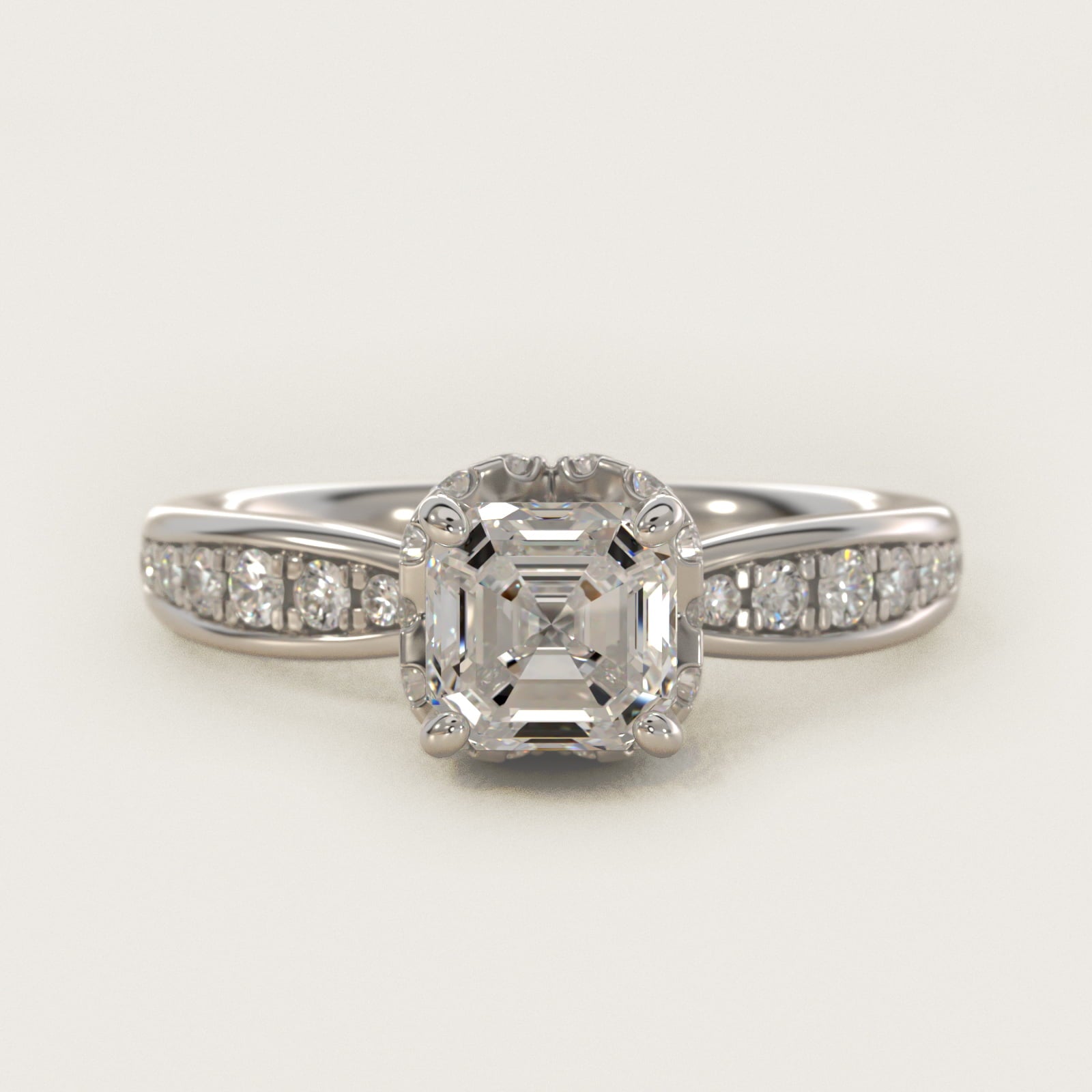 Romantic Six Prong Hidden Halo Diamond Engagement Ring in Platinum (1/5 ct. tw.) - Asscher Center