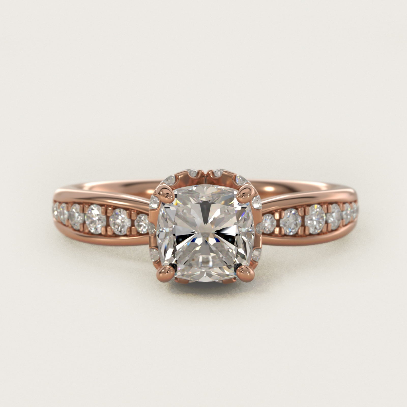 Romantic Six Prong Hidden Halo Diamond Engagement Ring in 14k Rose Gold (1/5 ct. tw.) - Cushion Center