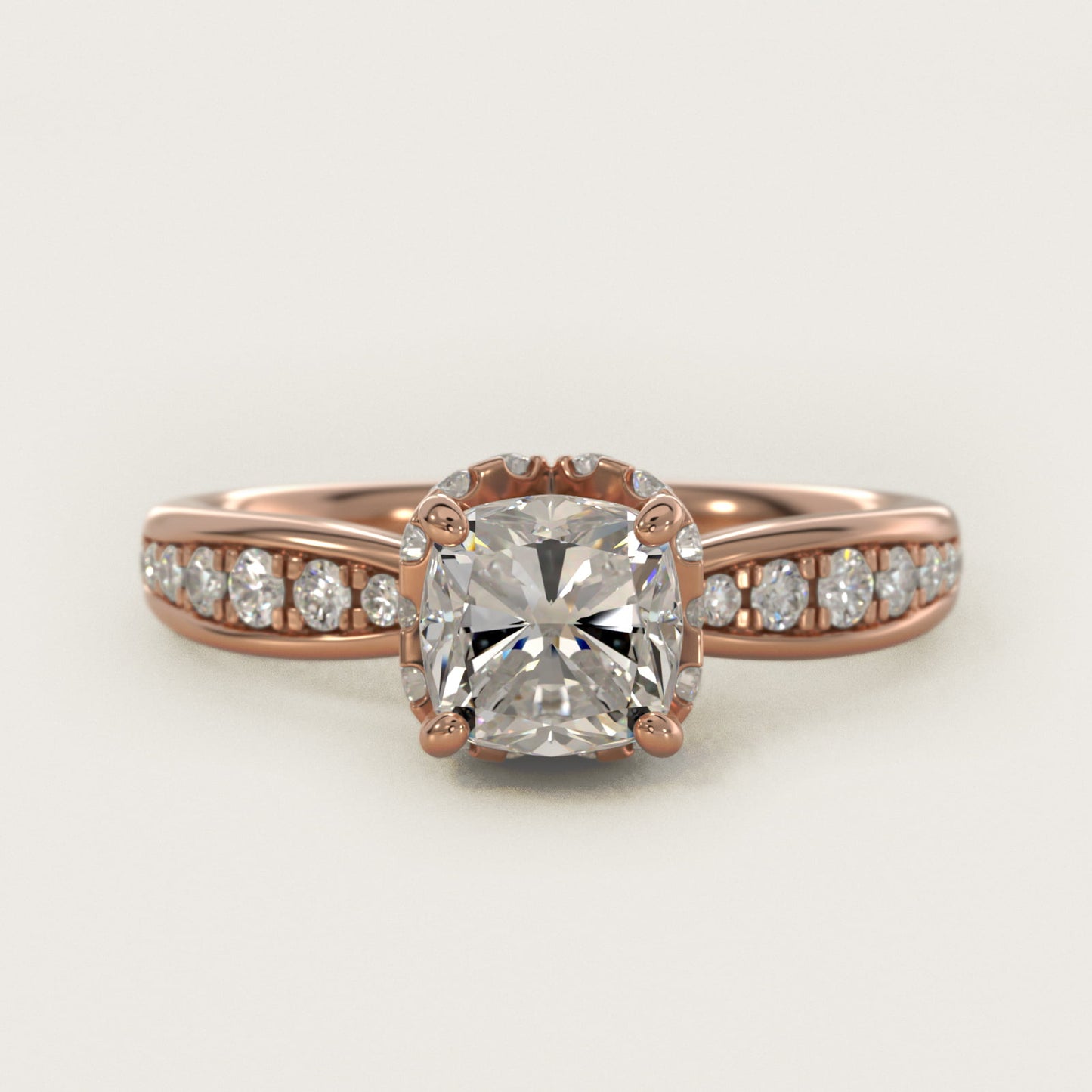Romantic Six Prong Hidden Halo Diamond Engagement Ring in 18k Rose Gold (1/5 ct. tw.) - Cushion Center