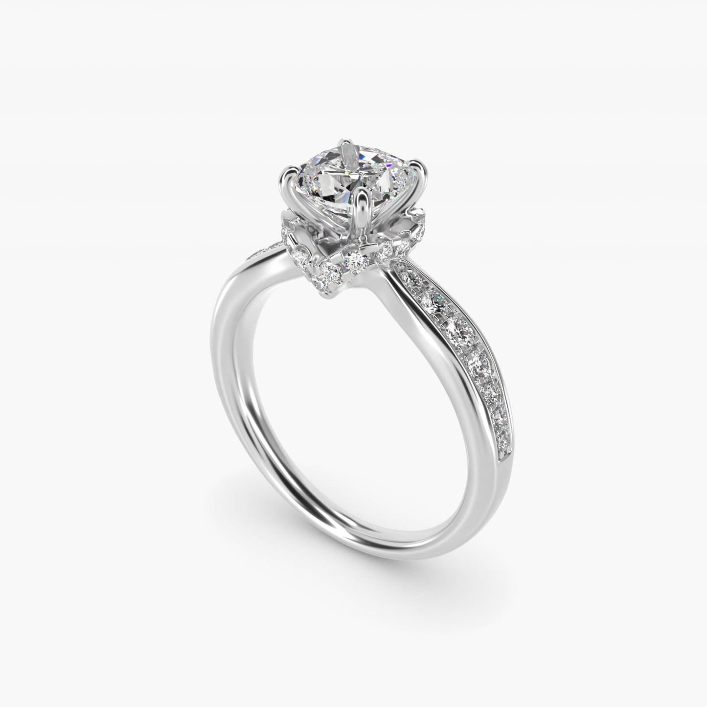 Romantic Six Prong Hidden Halo Diamond Engagement Ring in 14k White Gold (1/5 ct. tw.) - Cushion Center