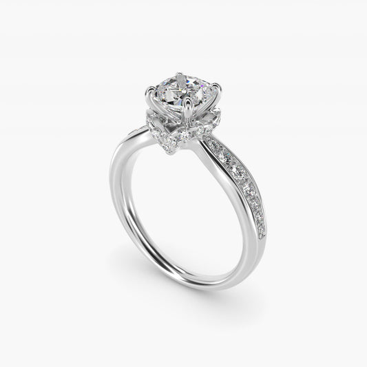 Romantic Six Prong Hidden Halo Diamond Engagement Ring in 18k White Gold (1/5 ct. tw.) - Cushion Center