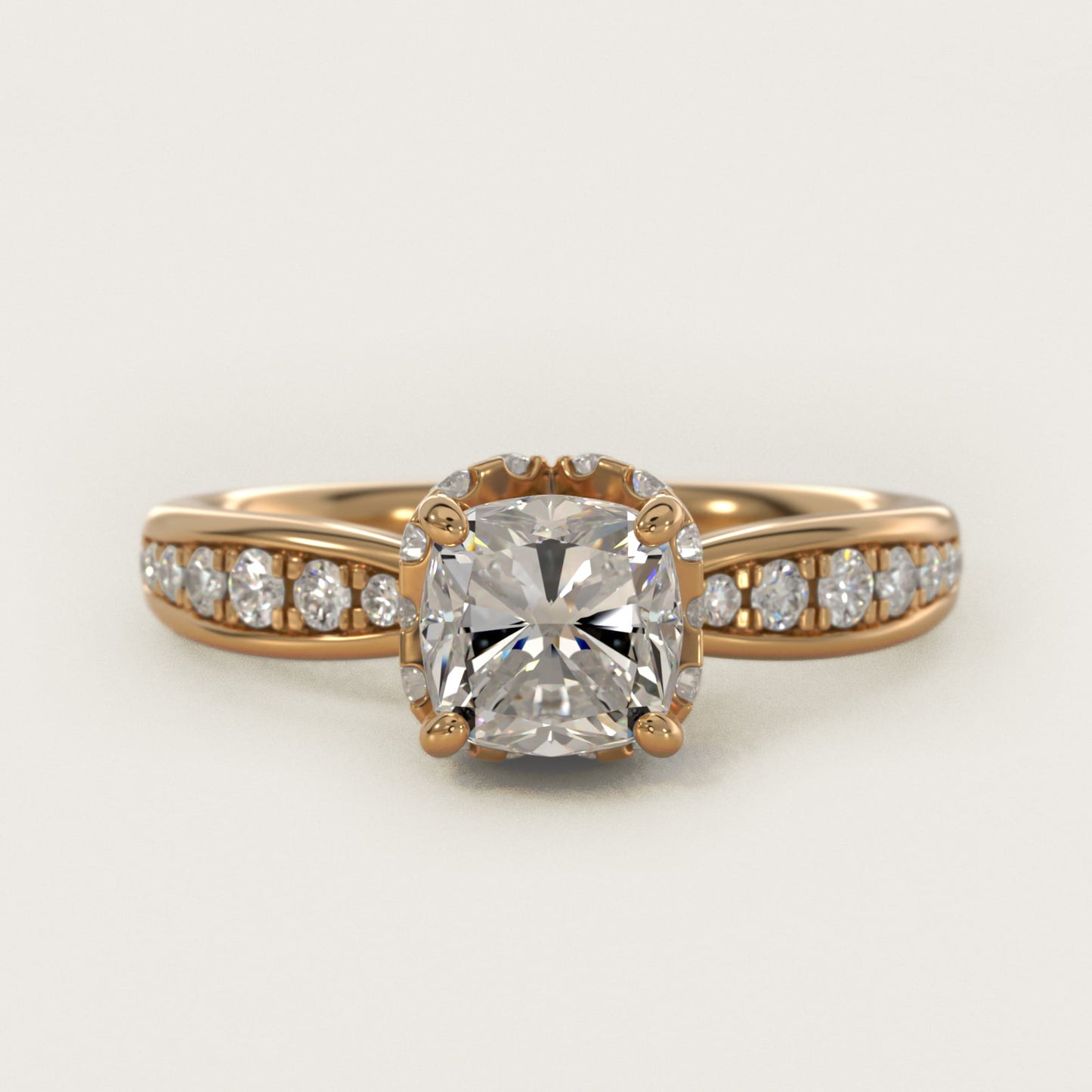 Romantic Six Prong Hidden Halo Diamond Engagement Ring in 14k Yellow Gold (1/5 ct. tw.) - Cushion Center