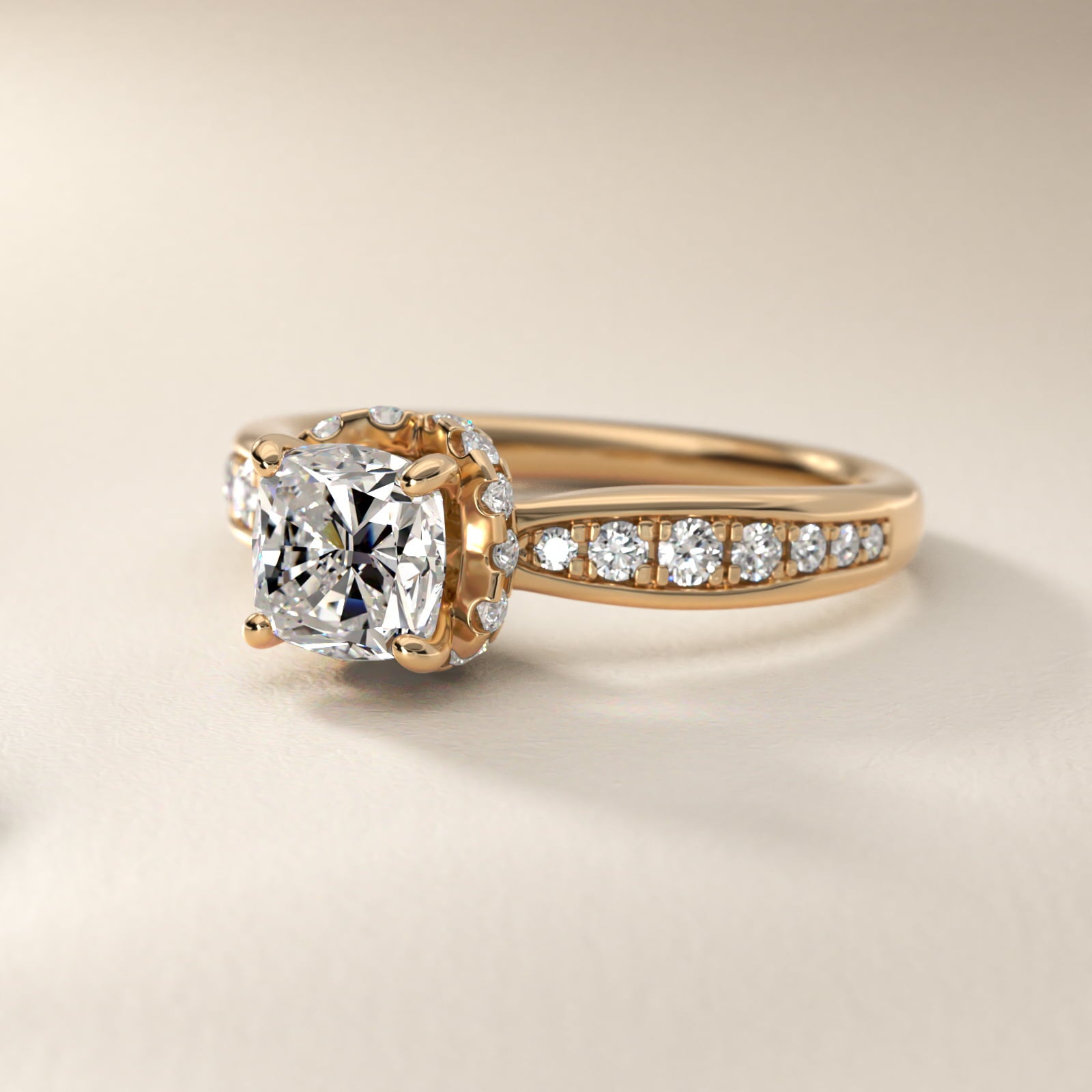 Romantic Six Prong Hidden Halo Diamond Engagement Ring in 14k Yellow Gold (1/5 ct. tw.) - Cushion Center