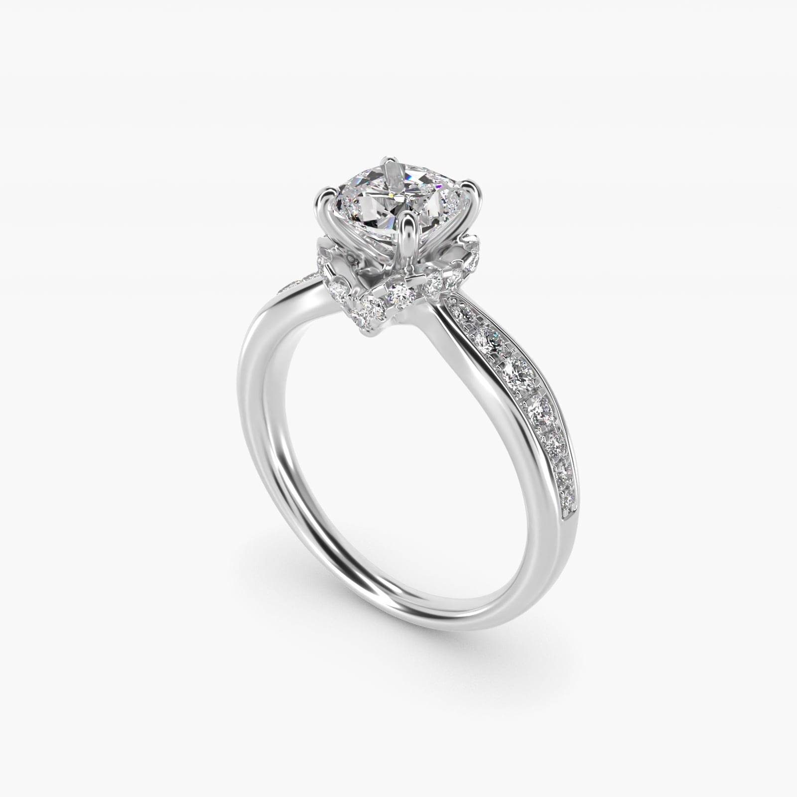 Romantic Six Prong Hidden Halo Diamond Engagement Ring in Platinum (1/5 ct. tw.) - Cushion Center
